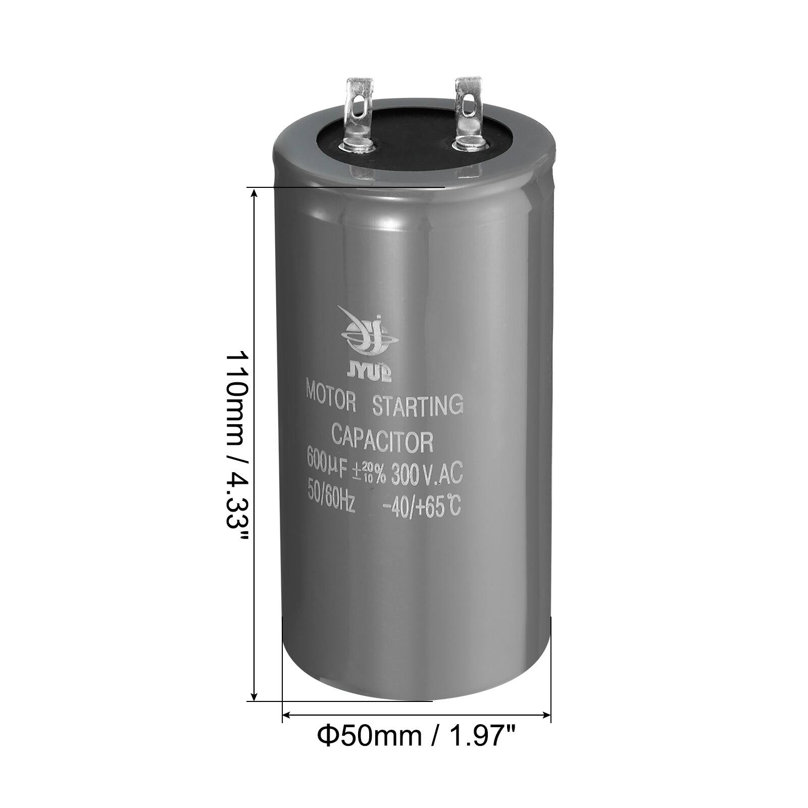 1 4.33" 110mm / 4.33" /  
guyi MOTOR STARTING CAPACITOR 600UF 28% 300V.AC 50/60Hz -40/+65C 50mm/1.97"