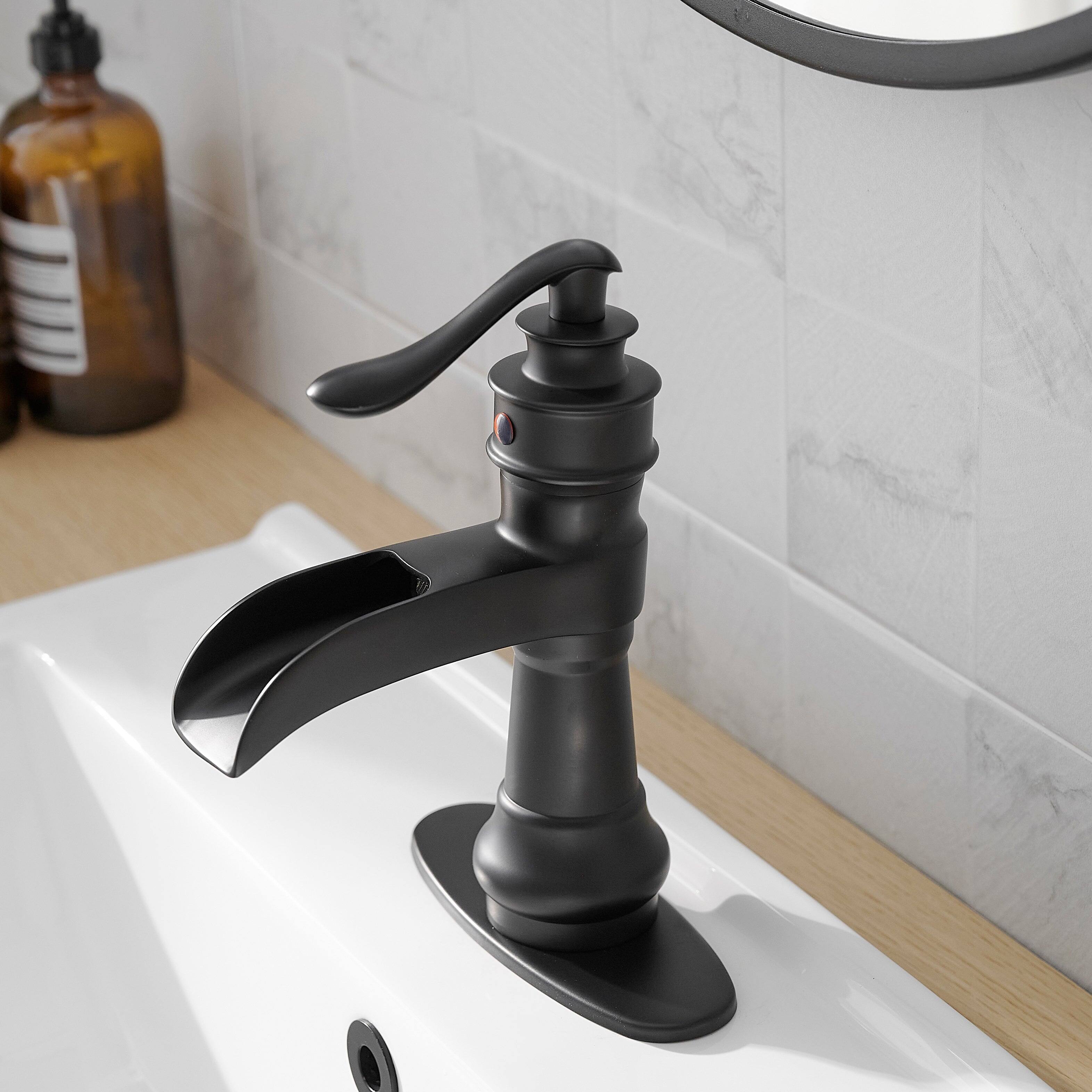 Left. Boyel Living - Waterfall Single Hole Single-Handle Low-Arc Bathroom Faucet with Pop-up Drain in Matte Black - Matte Black.