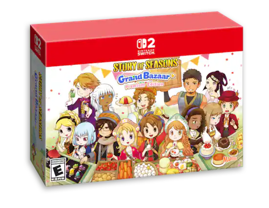 The text on the image reads: "Story of Seasons: Grand Bazaar Premium Edition for Nintendo Switch. ESRB 2." - E (Everyone)
