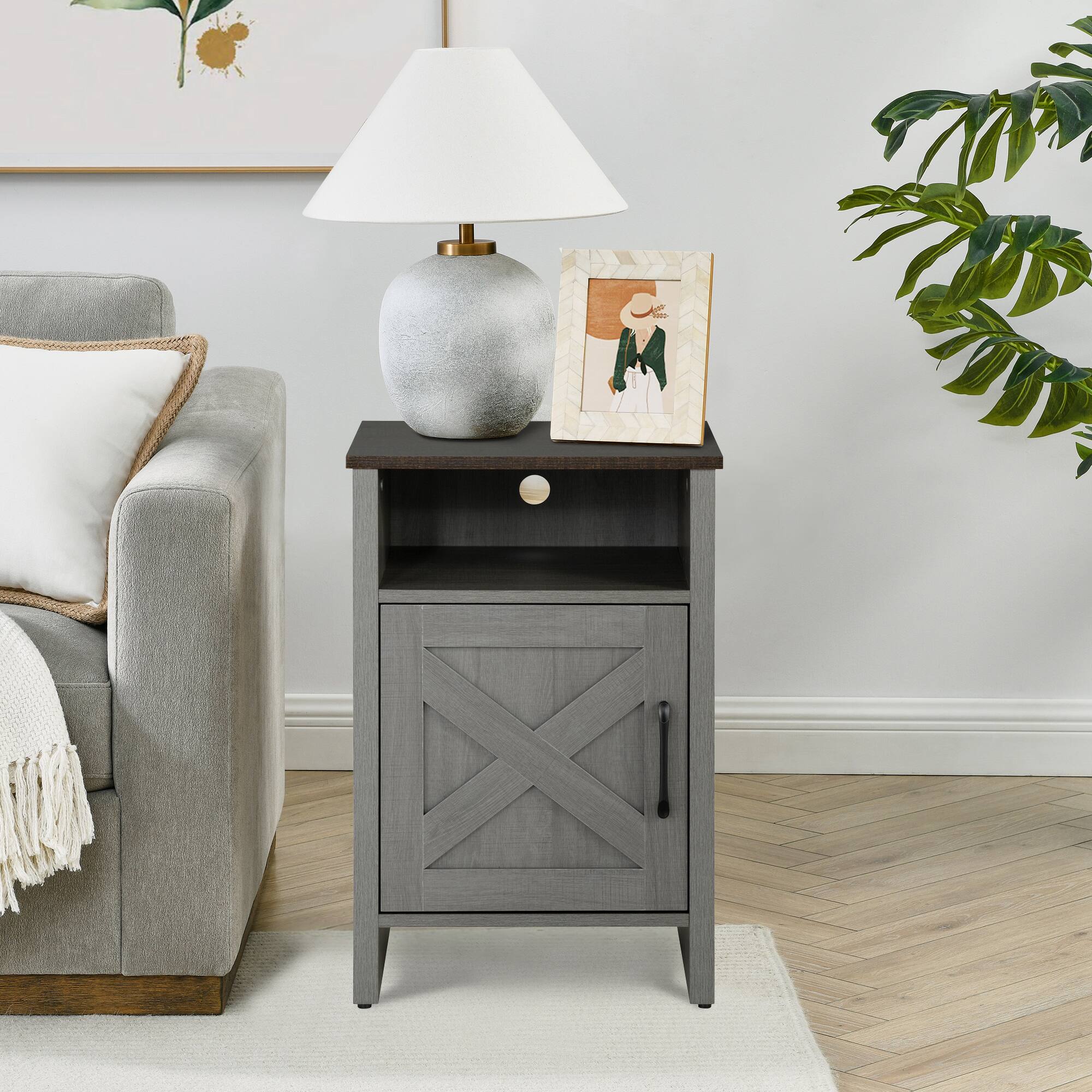 Left. Vaczon - Two-Tone Farmhouse Style Side Table, Rustic Vintage Nightstand with Storage, Wood End Table for Bedroom & Living Room - Brown，Gray.