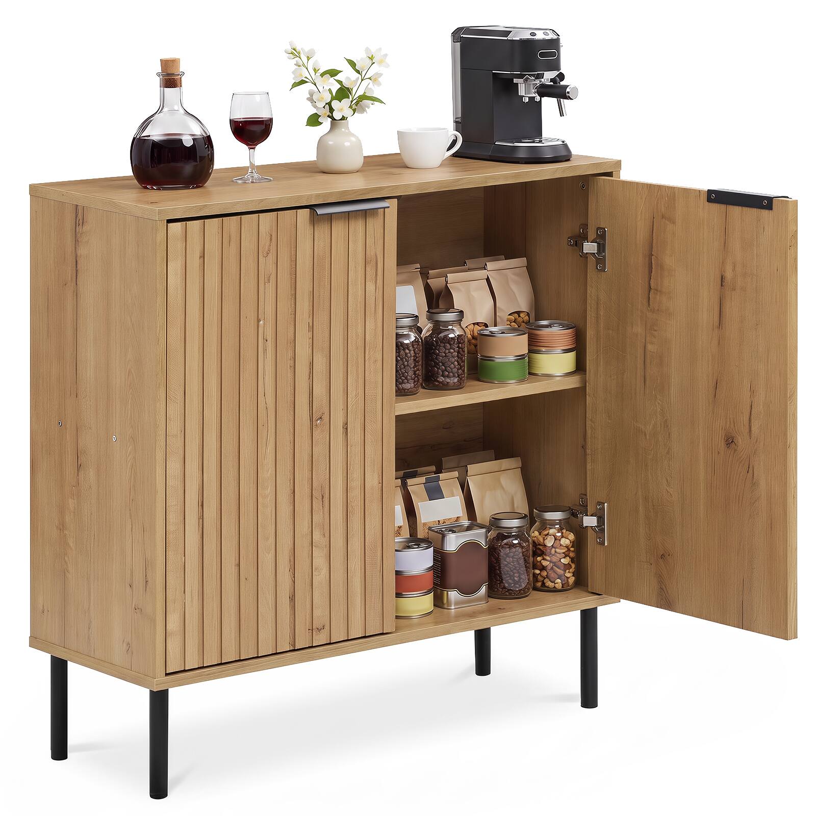 Alt View 1. Costway - Costway Fluted Buffet Cabinet 2-Door Sideboard with Storage Adjustable Feet Elevated Base - Oak + Black.