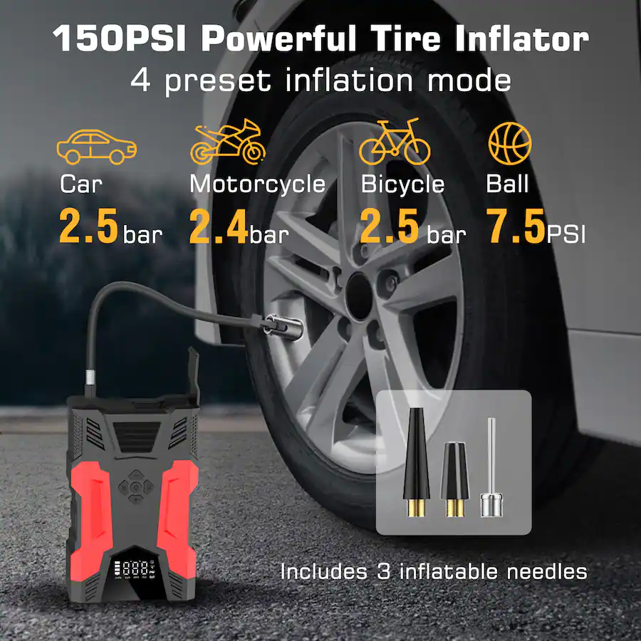 Powerful Inflator Alpha Digital Car Jump Start & 150PSI Tire Inflator: 3000A Peak 7L Gas ...