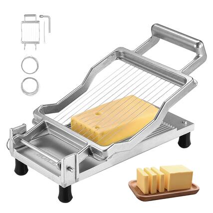 Front. VEVOR - Cheese Cutter with Wire, 0.39" & 0.78" Butter Cutting Blade, Detachable Cheese Slicer Wire, Aluminum Alloy Cheese Slicer - Silver.