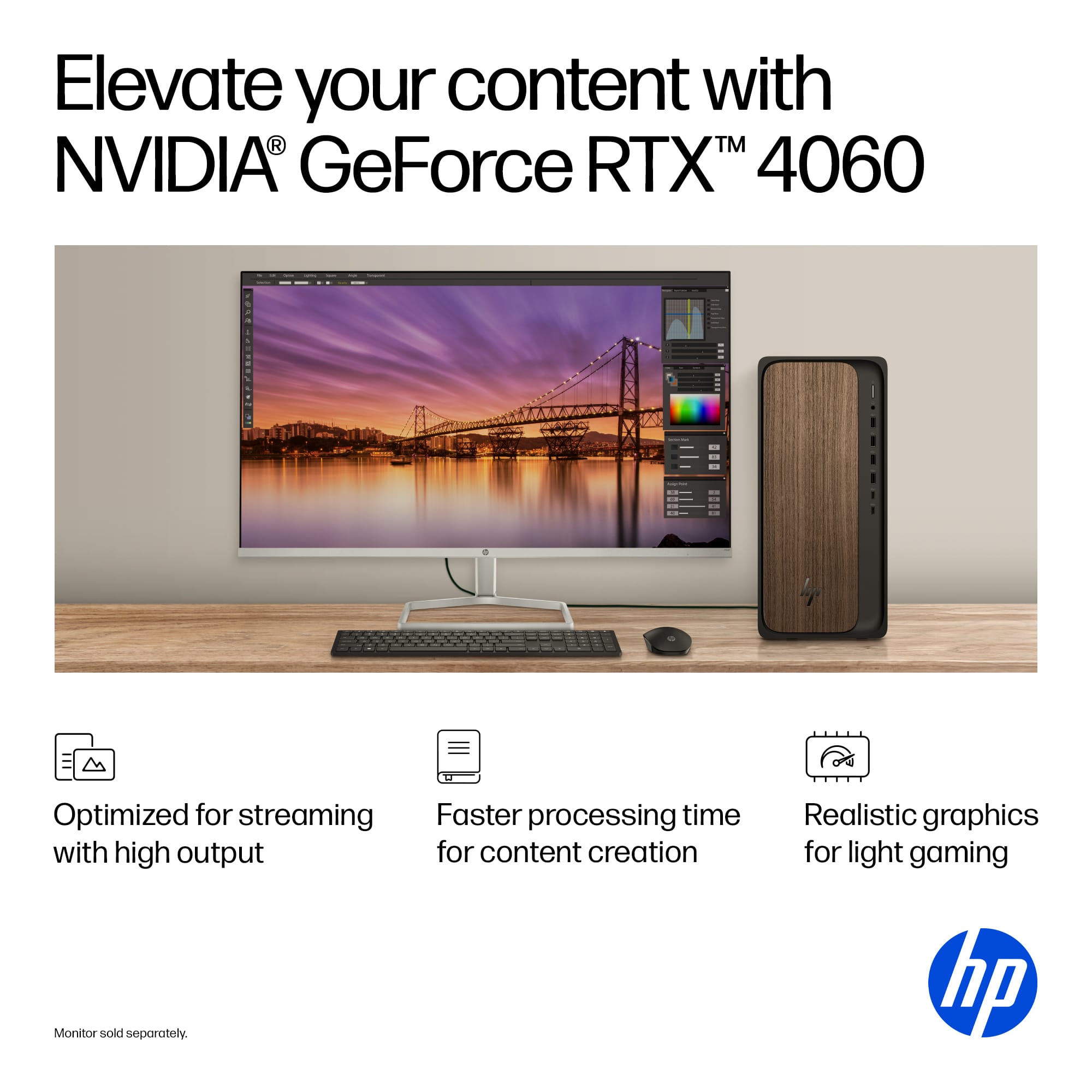 Elevate your content with NVIDIA GeForce RTX 4060. Optimized for streaming, faster processing time, and high output for content creation. Monitor sold separately. Realistic graphics for light gaming.