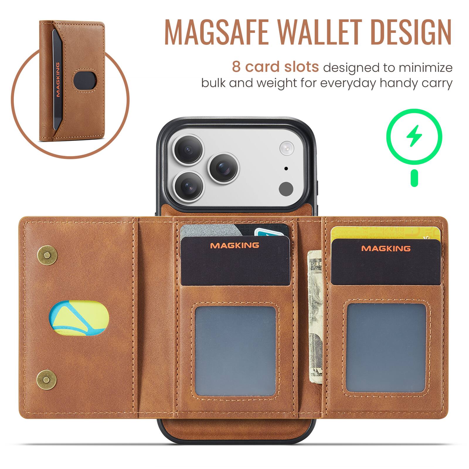 MAGSAFE WALLET DESIGN  
8 card slots designed to minimize bulk and weight for everyday handy carry  

MAGKING  
MAGKING