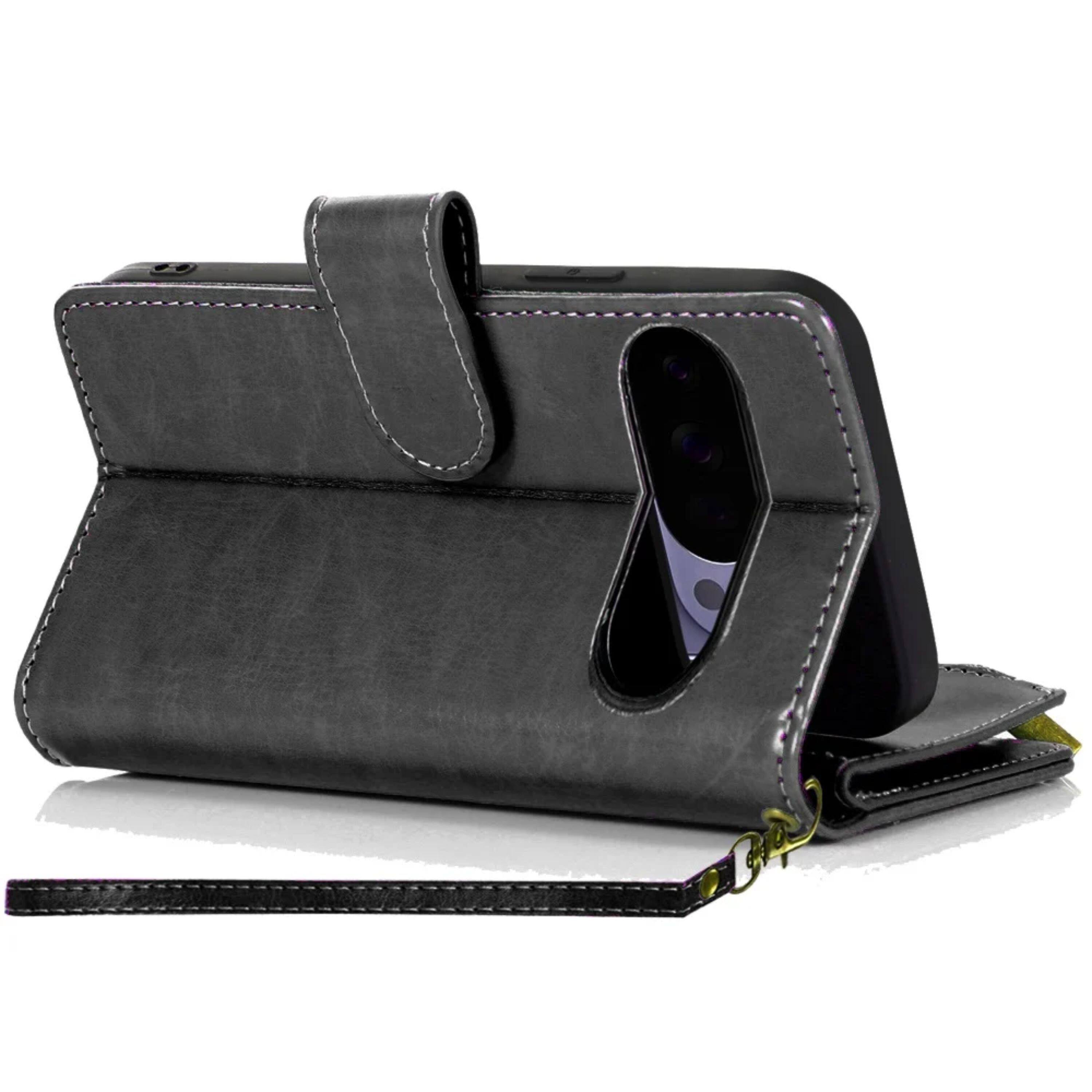 Left. Kitcheniva - Luxury Phone Wallet With Zipper Case Plus Tempered Glass For Google Pixel 10 Pro XL Black - Black.