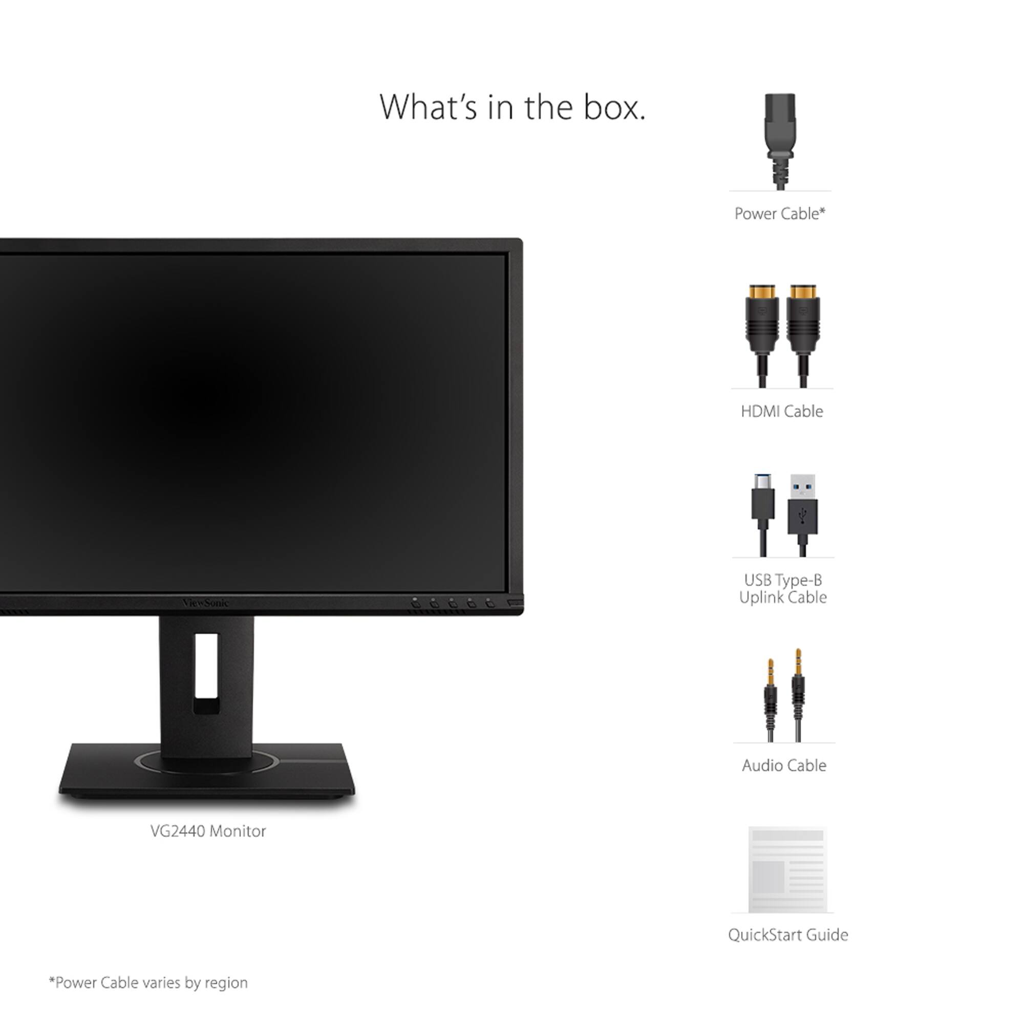 What's in the box: Power Cable, HDMI Cable, Vie-Sonic USB Type-B Uplink Cable, Audio Cable, VG2440 Monitor, QuickStart Guide.