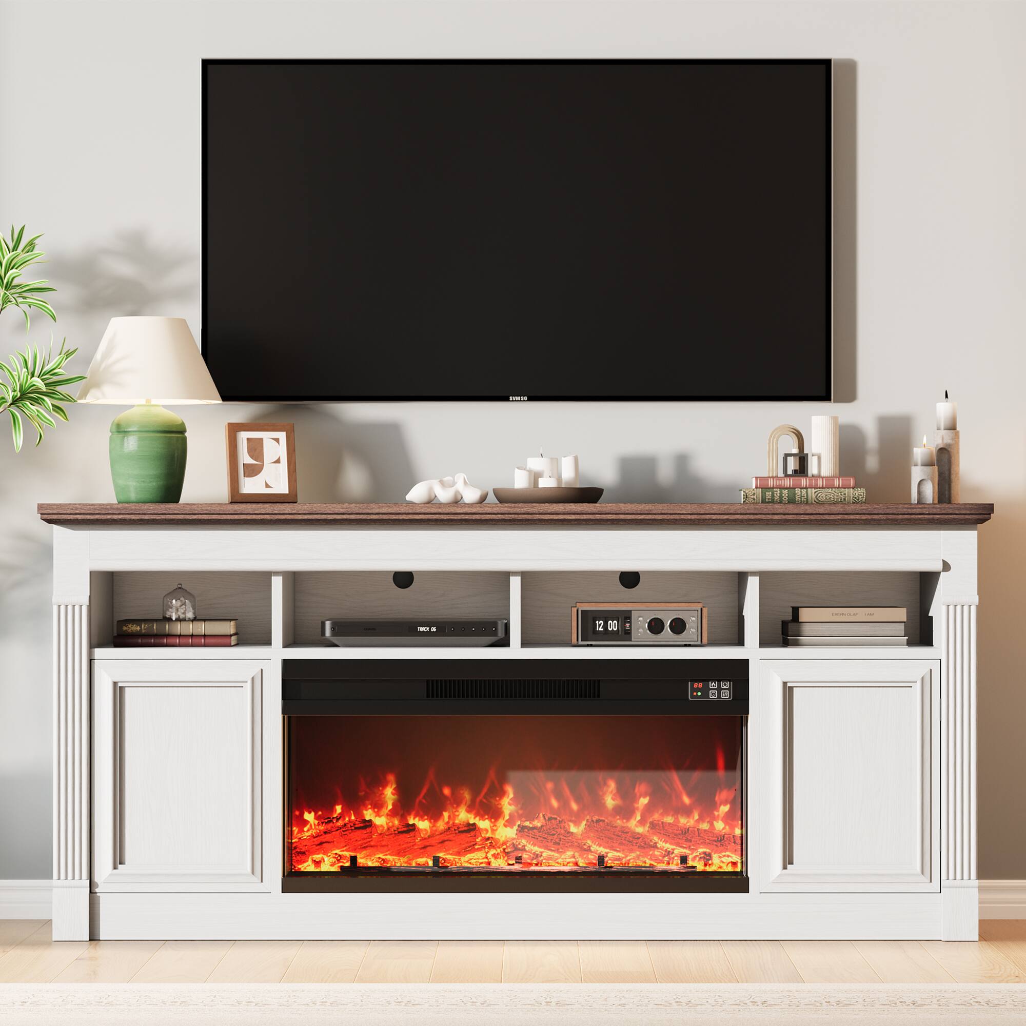 Front. GAOMON - 67 Inch Fireplace TV Stand, Wooden Entertainment Center with Fireplace, Farmhouse Media Console with Storage - White.