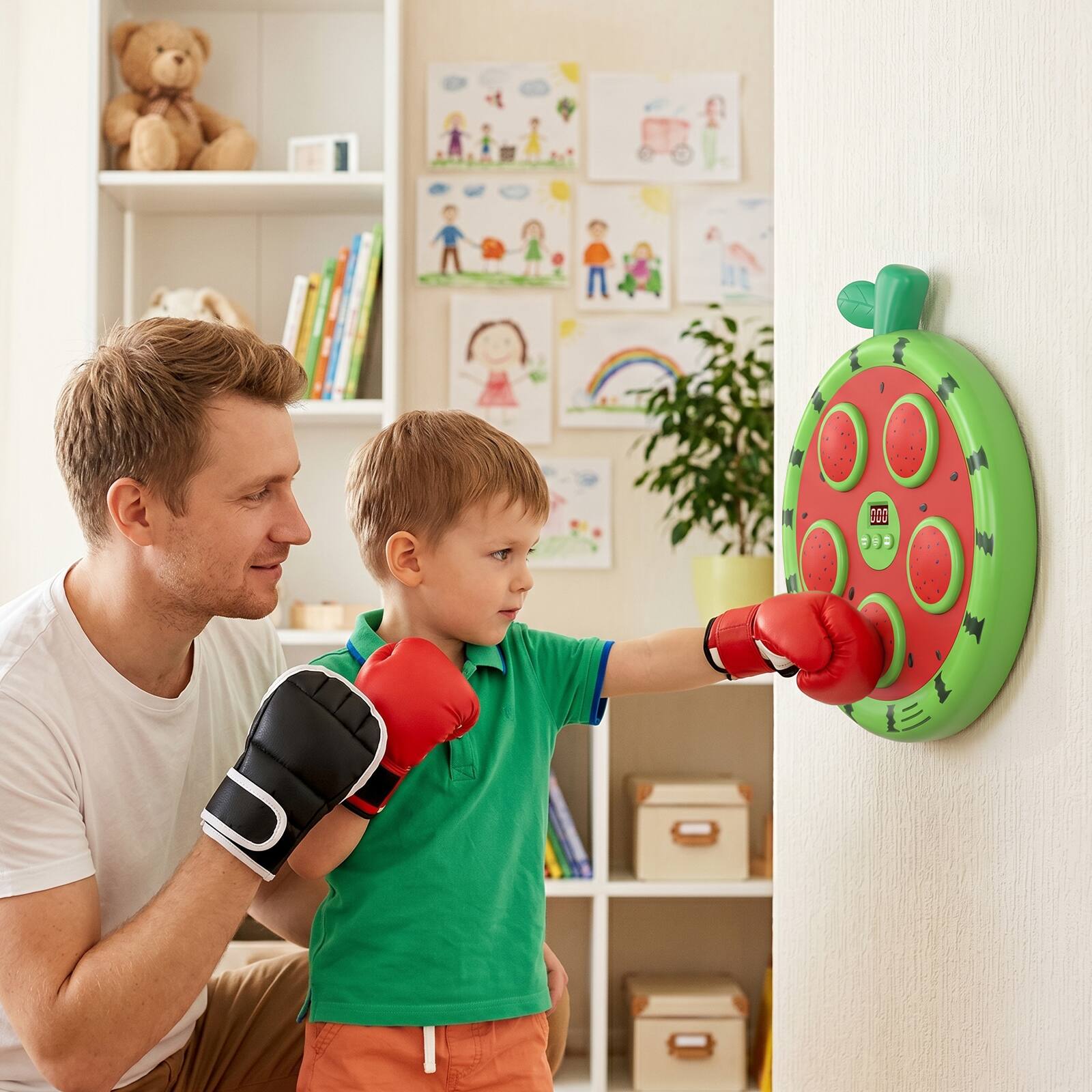 Alt View 7. Topteng - Watermelon Music Boxing Machine with Bluetooth, LED Lights, 3 Game Modes, Wall Mount Punching Target for Kids&Family Fun - Green.