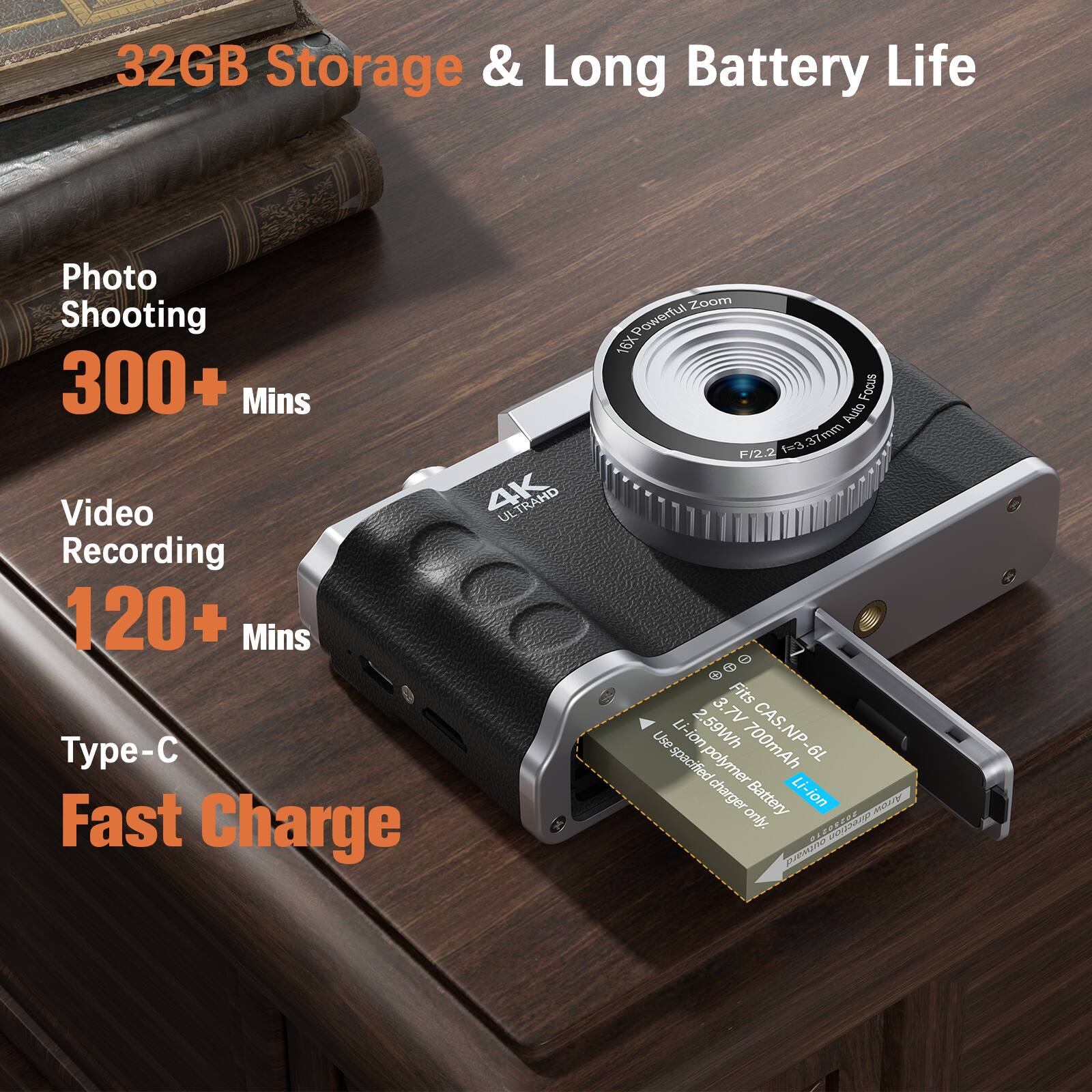 Sugift 64MP Digital Camera with 4K Video, 16X Zoom, Flip Screen