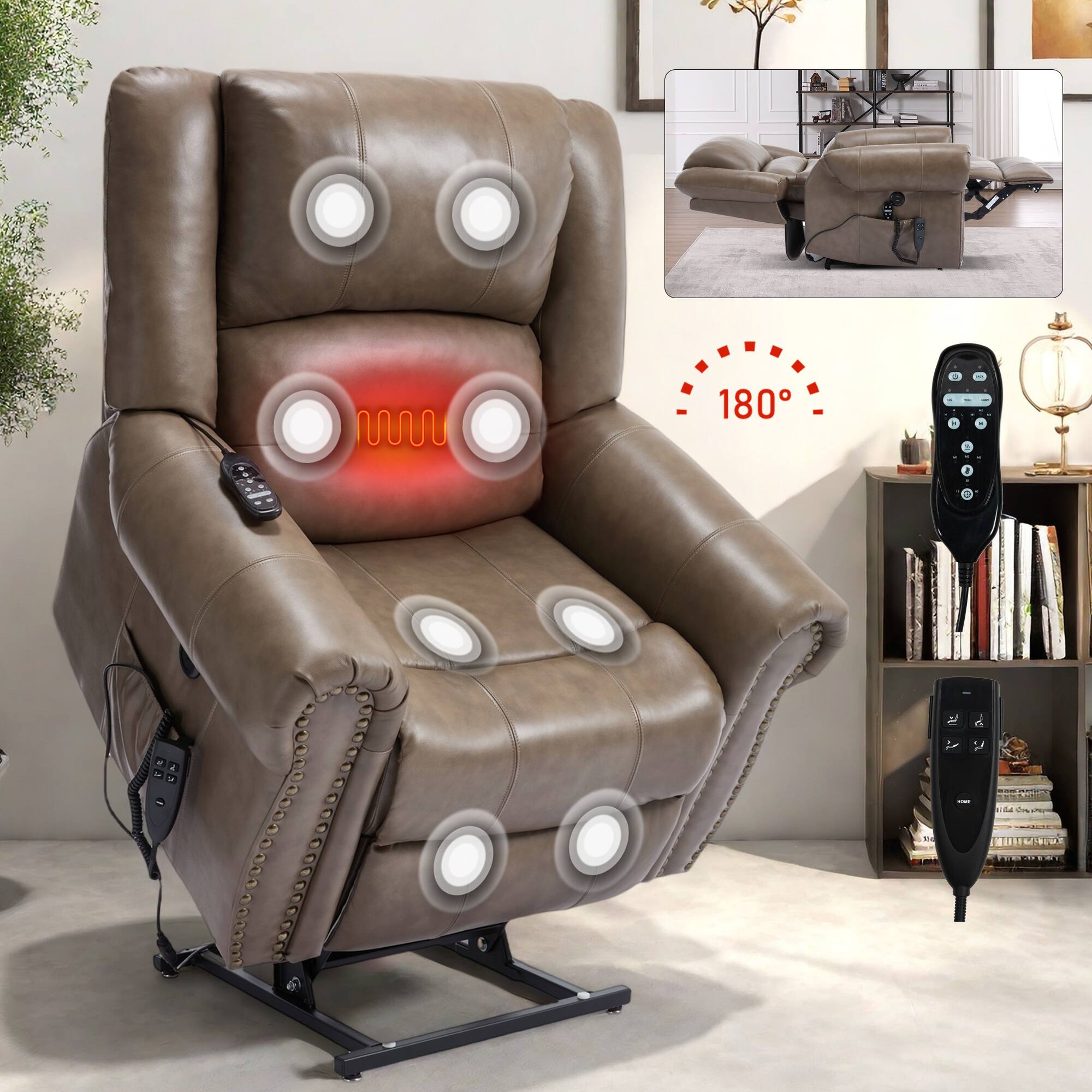 Angle. LUCKY ONE - Leather Dual Motor Power Lift Recliner Chair with Massage and Heat, USB, Side Pocket, Infinite Position, Power-Remote - Brown.