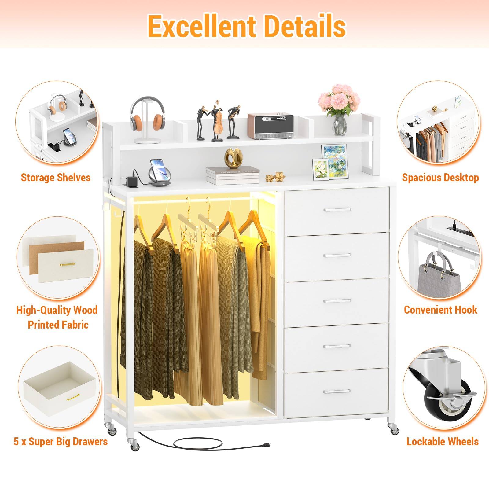 Excellent Details

- Storage Shelves
- Spacious Desktop
- High-Quality Wood Printed Fabric
- 5 x Super Big Drawers
- Convenient Hook
- Lockable Wheels