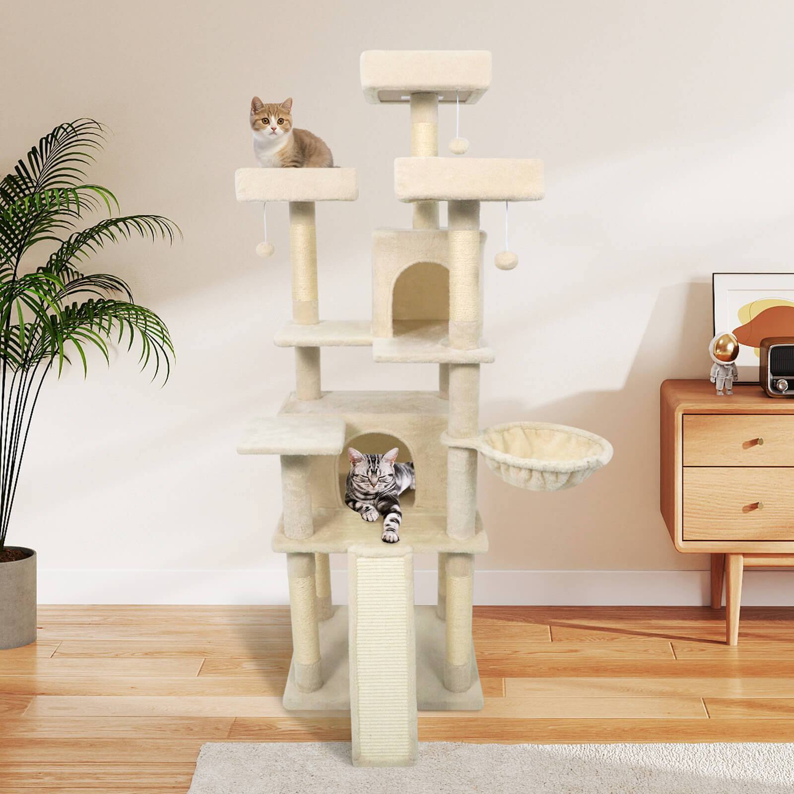 Alt View 1. Costway - Costway 65" Tall Multi-level Cat Tree with 3 Upholstered Top Perch 2 Cat Condos Cat Basket.