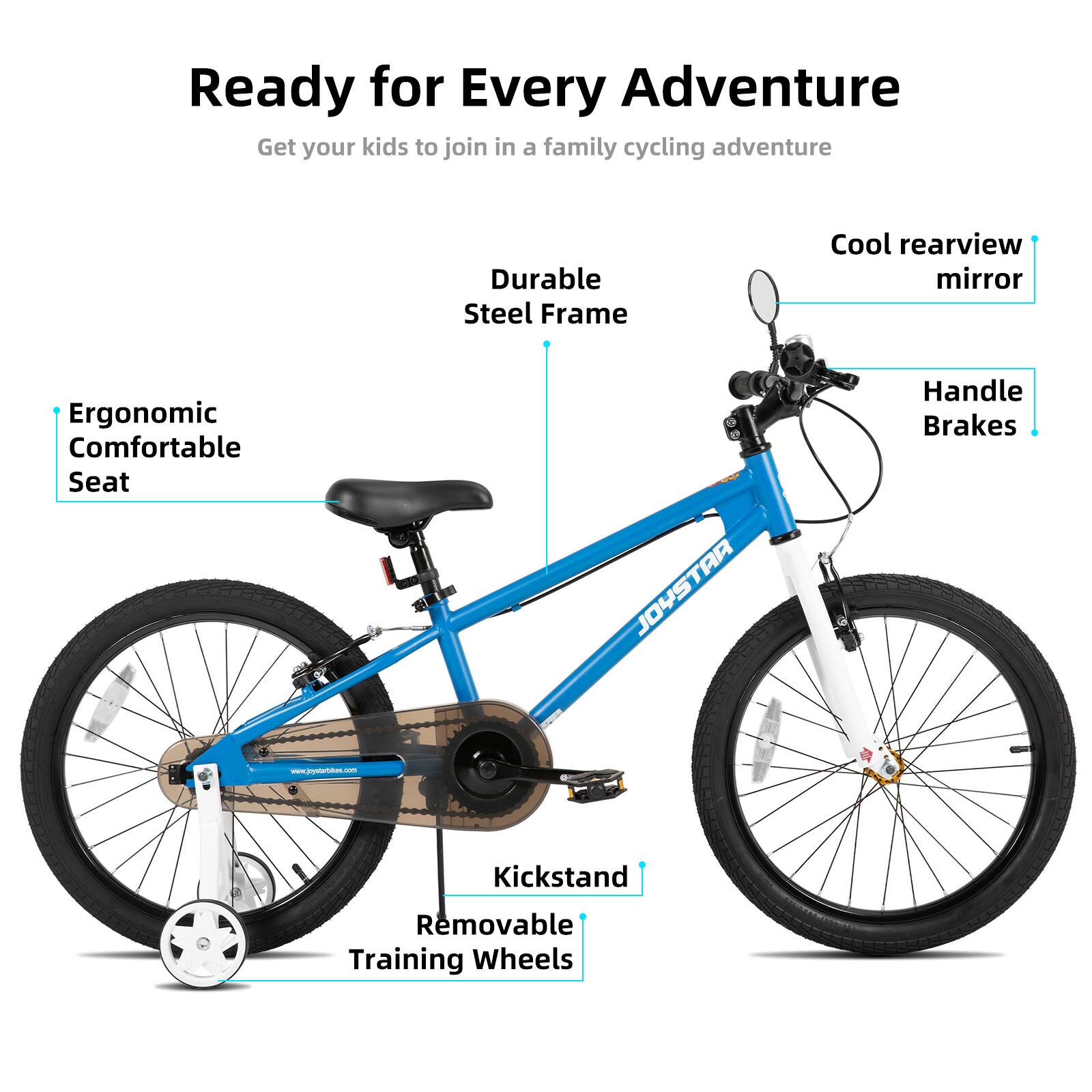 Ready for Every Adventure  
Get your kids to join in a family cycling adventure  

- Durable Steel Frame  
- Cool rearview mirror  
- Ergonomic Comfortable Seat  
- JOYSTA Handle Brakes  
- Kickstand  
- Removable Training Wheels  

www.pysta/thocom