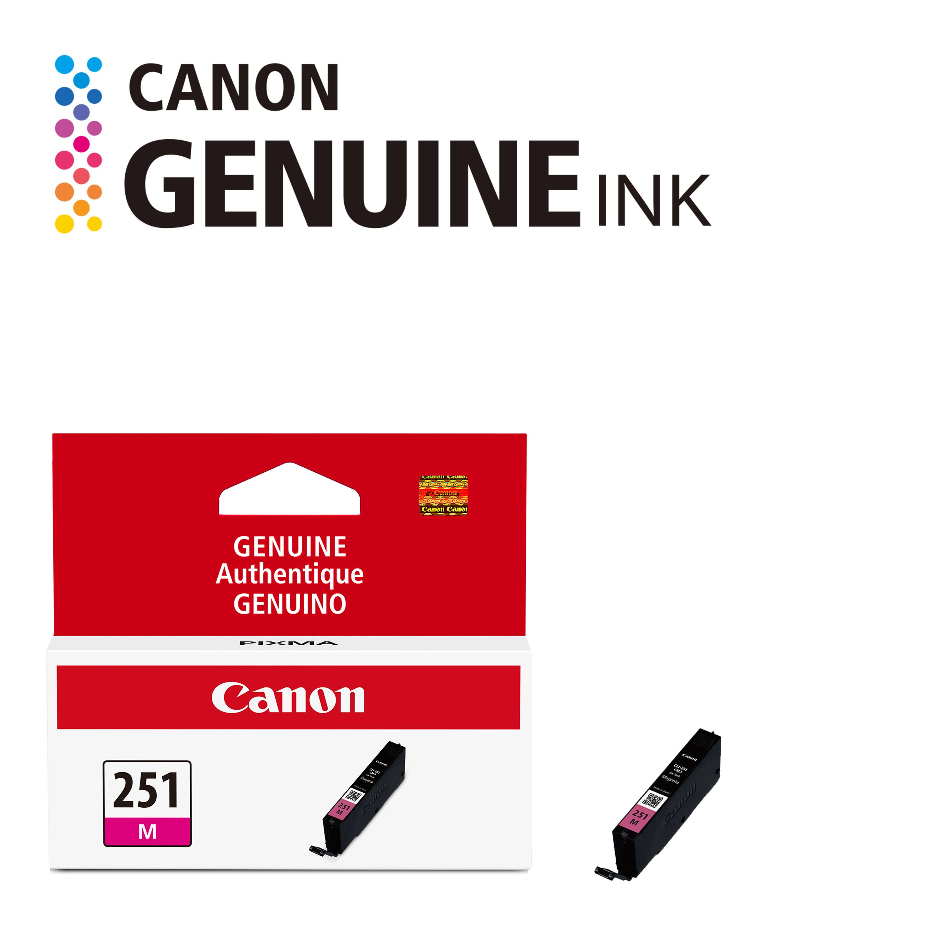 CANON GENUINE INK

LAINS Less
Xmix
Cases Cano
GENUINE Authentique GENUINO
PIXMA
Canon
251 M
251
251 M
Takes SEIN