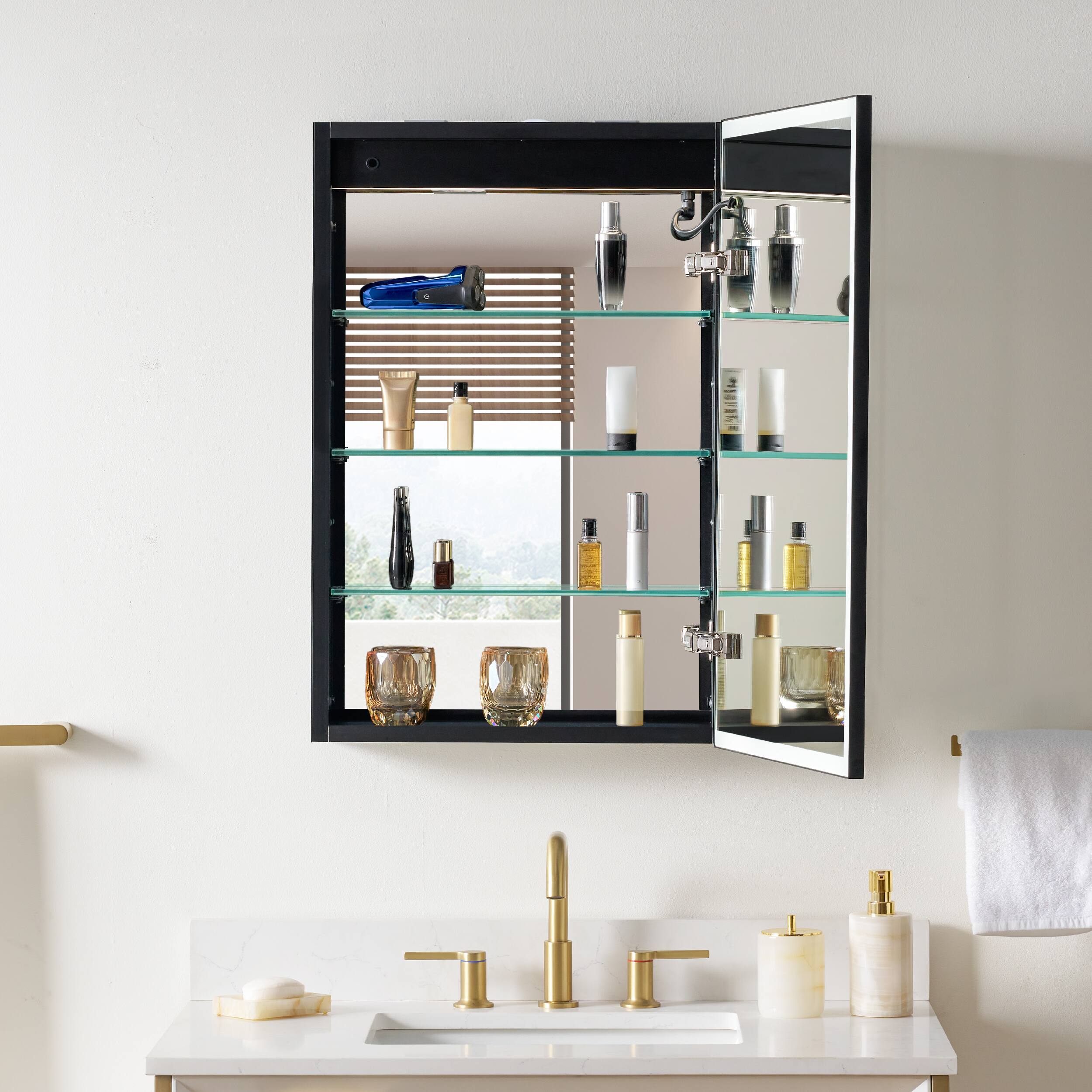 Left. WELLFOR - 20 in. W x 30 in. H Rectangular Aluminum Recessed/Surface Mount LED Medicine Cabinet with Mirror, Right Open - Black.