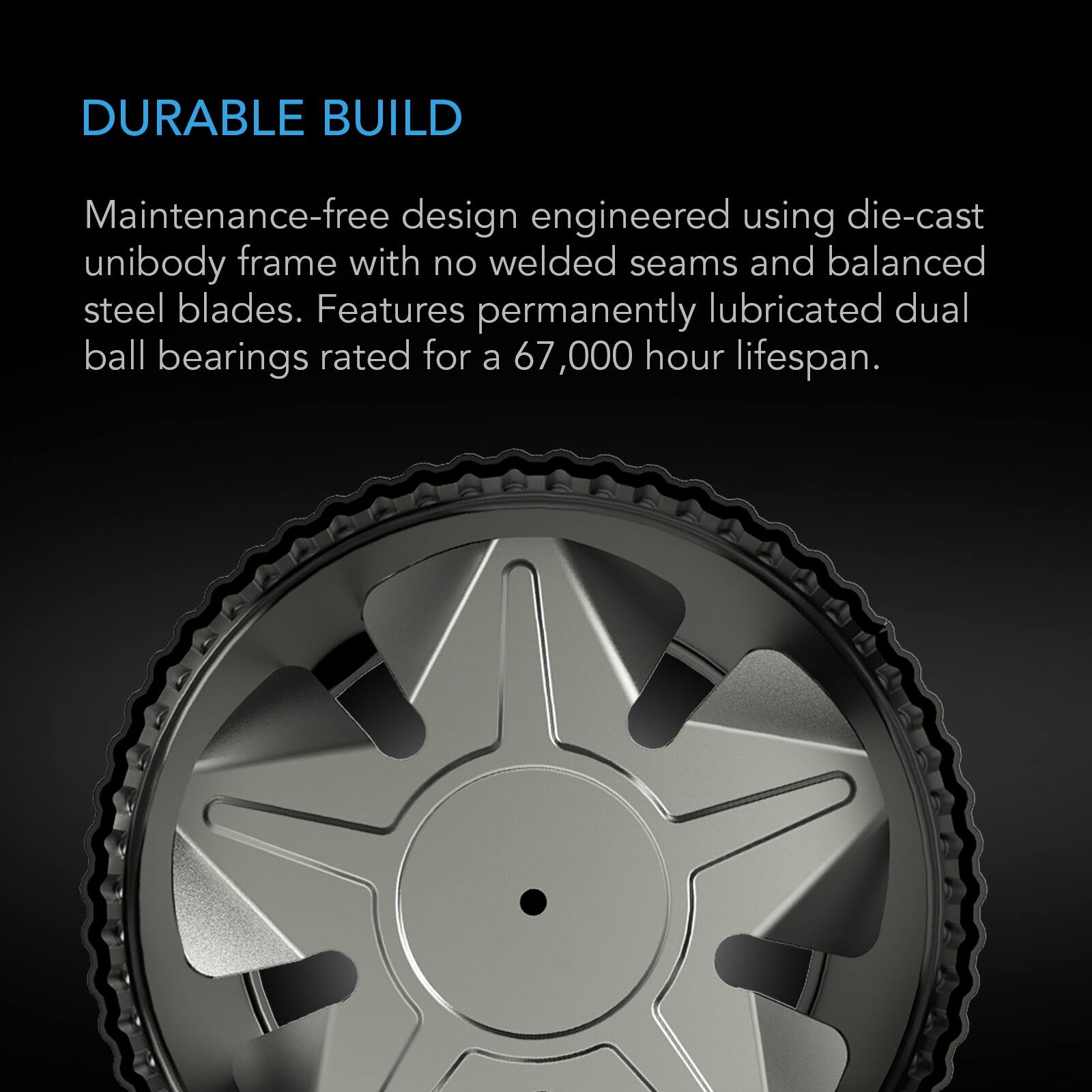 DURABLE BUILD

Maintenance-free design engineered using die-cast unibody frame with no welded seams and balanced steel blades. Features permanently lubricated dual ball bearings rated for a 67,000 hour lifespan.