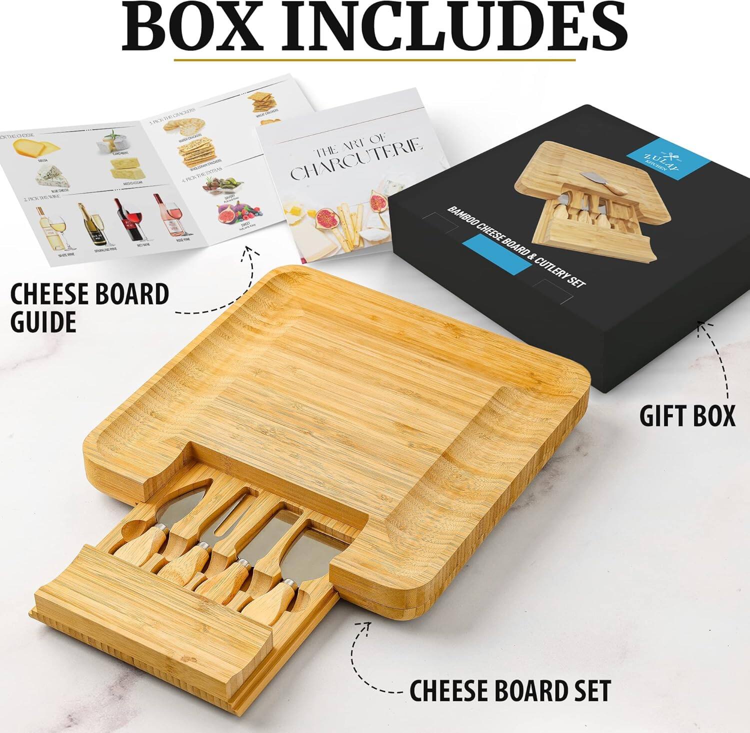 BOX INCLUDES

- CHEESE BOARD GUIDE
- BAMBOO CHEESE BOARD & CUTLERY SET
- GIFT BOX