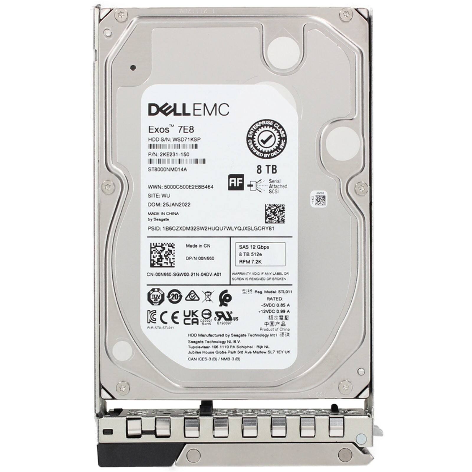 DELL EMC  
Exos™ 7E8  
HDD S/N: WSD71KSP  
P/N: 2KE231-150  
ST8000NM014A  
WWN: 5000C500E2E8B464  
SITE: WU  
DOM: 25JAN2022  
MADE IN CHINA by Seagate  
PSID: 1B6CZXDM325W2HUQU7WLYOJXSLGCRY81  
Mede in CN  
DPIN: DN660  
SAS 12 Gbps  
8 TB  
512e  
RPM 7.2K  
CN-00N660-SGW00-21N-04DV-AD1  
WARRANTY: VOG  
ANY LABEL OF SCREW REMOVED OF BROKEN  
Pleg Mudel STLOF  
TUV 20 C  
HATEO SVDC  
8S A  
12VDC  
99  
UK LR DOSE2T  
US CA  
A 03  
RMST-ST