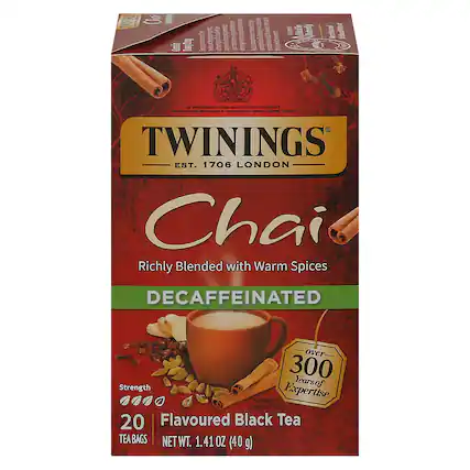 TWININGS
EST. 1706 LONDON
Chai
Richly Blended with Warm Spices
DECAFFEINATED
Strength
20 Flavoured Black Tea
TEA BAGS
NET WT. 1.41 OZ (40 g)
over 300 Years of Expertise
Serving Suggestion