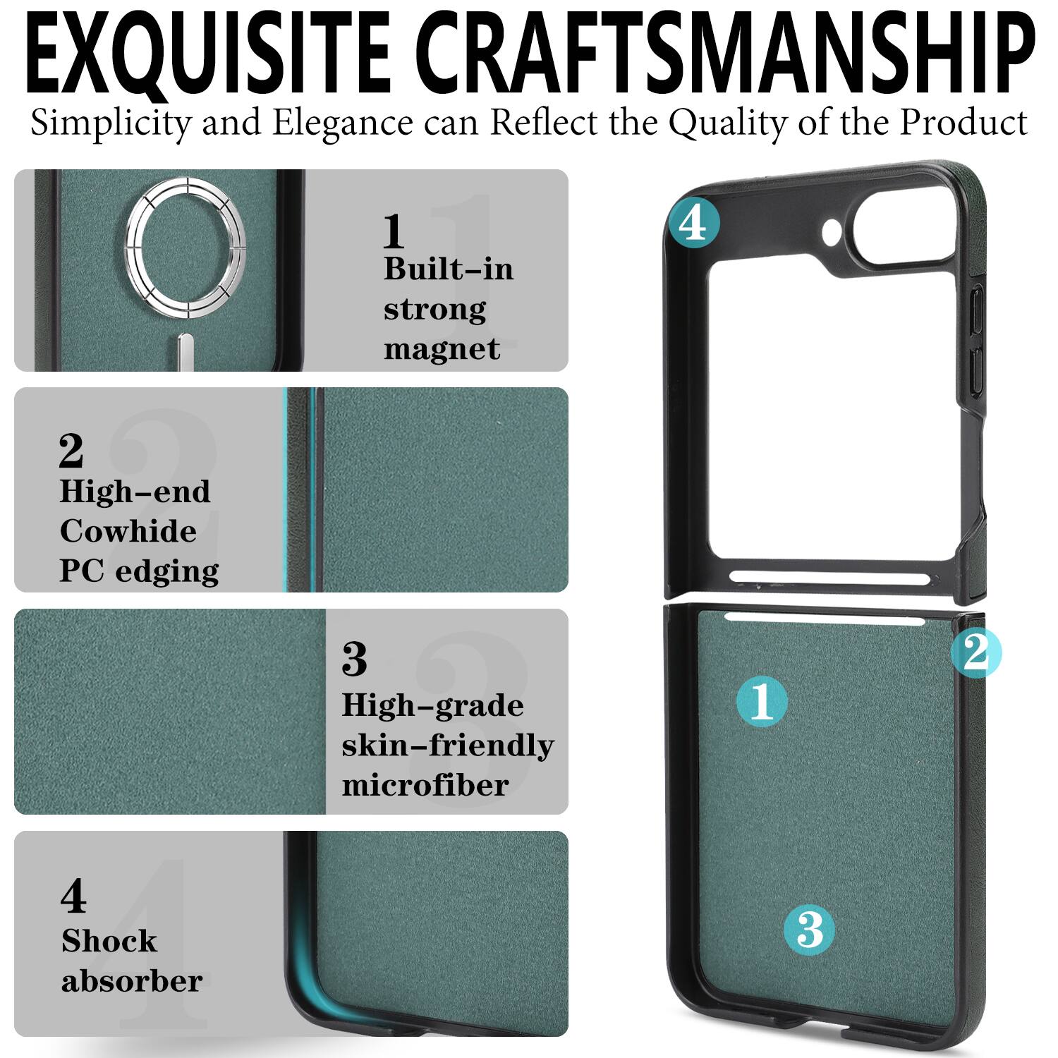 EXQUISITE CRAFTSMANSHIP  
Simplicity and Elegance can Reflect the Quality of the Product

1. Built-in strong magnet  
2. High-end Cowhide PC edging  
3. High-grade skin-friendly microfiber  
4. Shock absorber