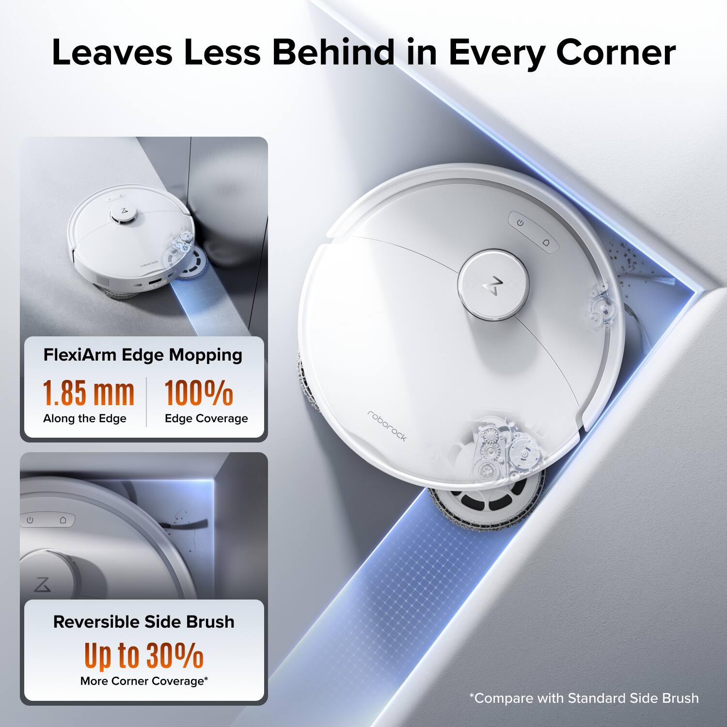 Leaves Less Behind in Every Corner

- FlexiArm Edge Mopping
  - 1.85 mm Along the Edge
  - 100% Edge Coverage

- Reversible Side Brush
  - Up to 30% More Corner Coverage*

*Compare with Standard Side Brush