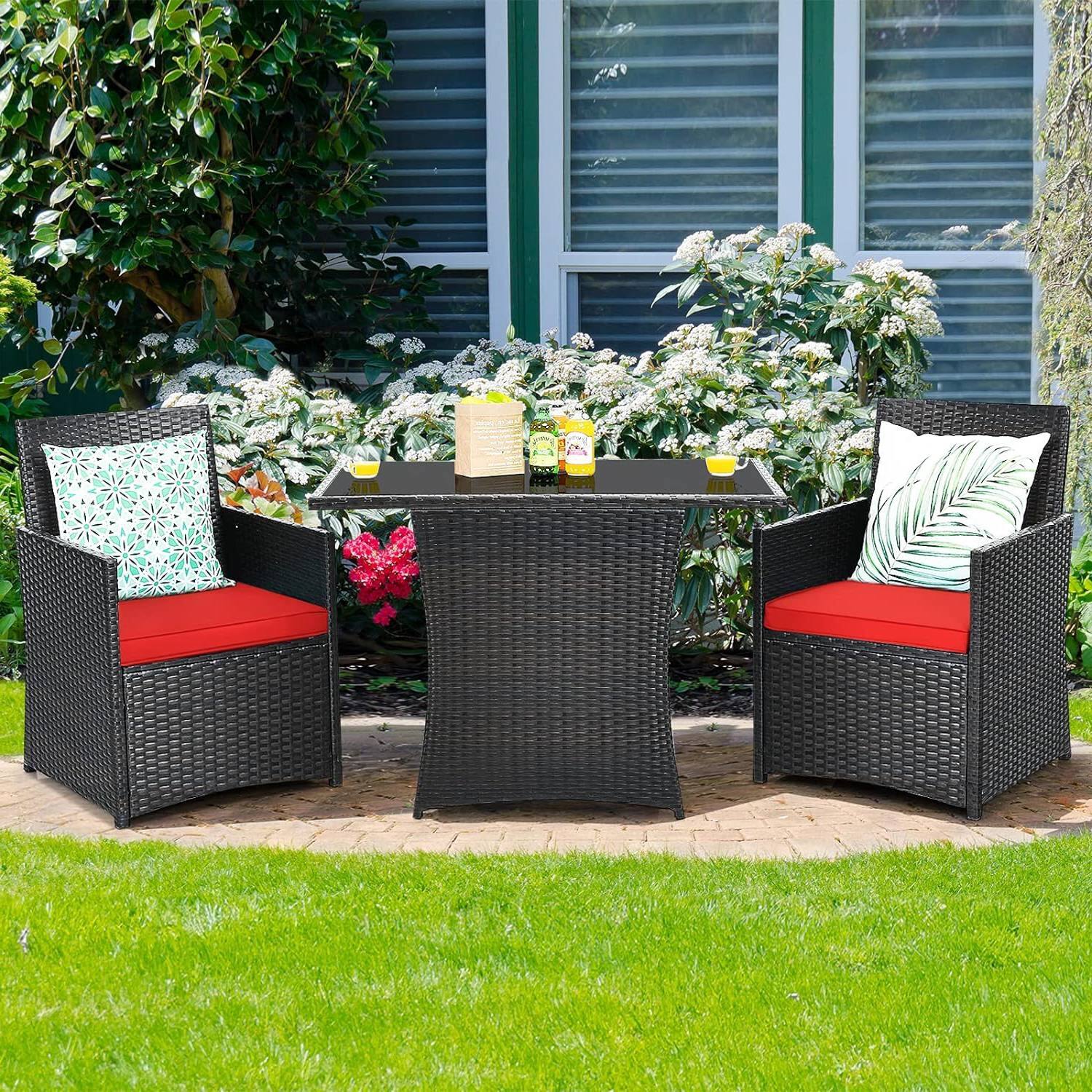 Left. Hivvago - 3-Piece Patio Furniture Outdoor Dining Set in Brown PE Rattan with Red Cushions - Brown and Red.