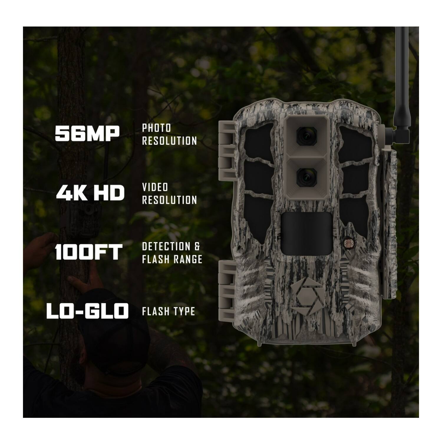 PHOTO 56MP RESOLUTION  
VIDEO 4K HD RESOLUTION  
DETECTION & 100FT FLASH RANGE  
LO-GLO FLASH TYPE