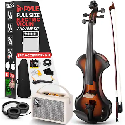 SIZES PYLE 1/4 FULL SIZE ELECTRIC VIOLIN 1/2 AND AMP KIT 3/4 4/4 8PC ACCESSORY KIT Extra String Set Bow Rosin E - TUNER APP Pyle 2201