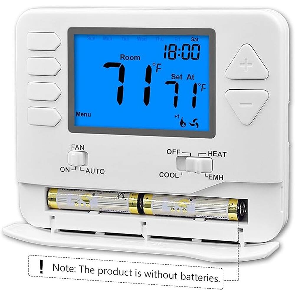Sure, here is the corrected and grouped text from the image:

---

**Sun Mon Tue Wed Thu Fri Sat**

**Room**  
71°F

**Set At**  
71°F

**Menu**  
+1  
-1  
6  
5

**FAN**  
ON  
AUTO

**OFF**  
HEAT

**COOL**  
EMH

**Note:** The product is without batteries.

---