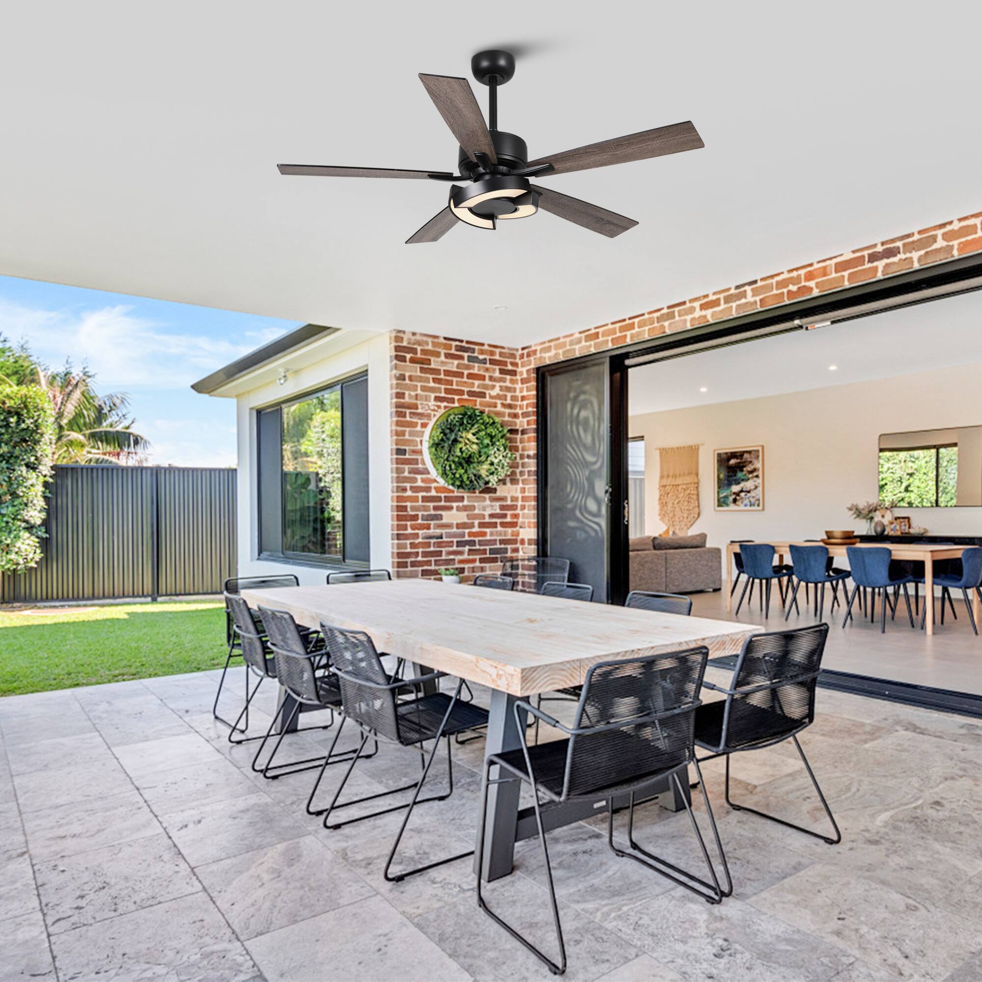 Left. Parrot Uncle - 52" Black Wooden 5-Blade Dimmable Modern Ceiling Fan with Light and Remote - Black.