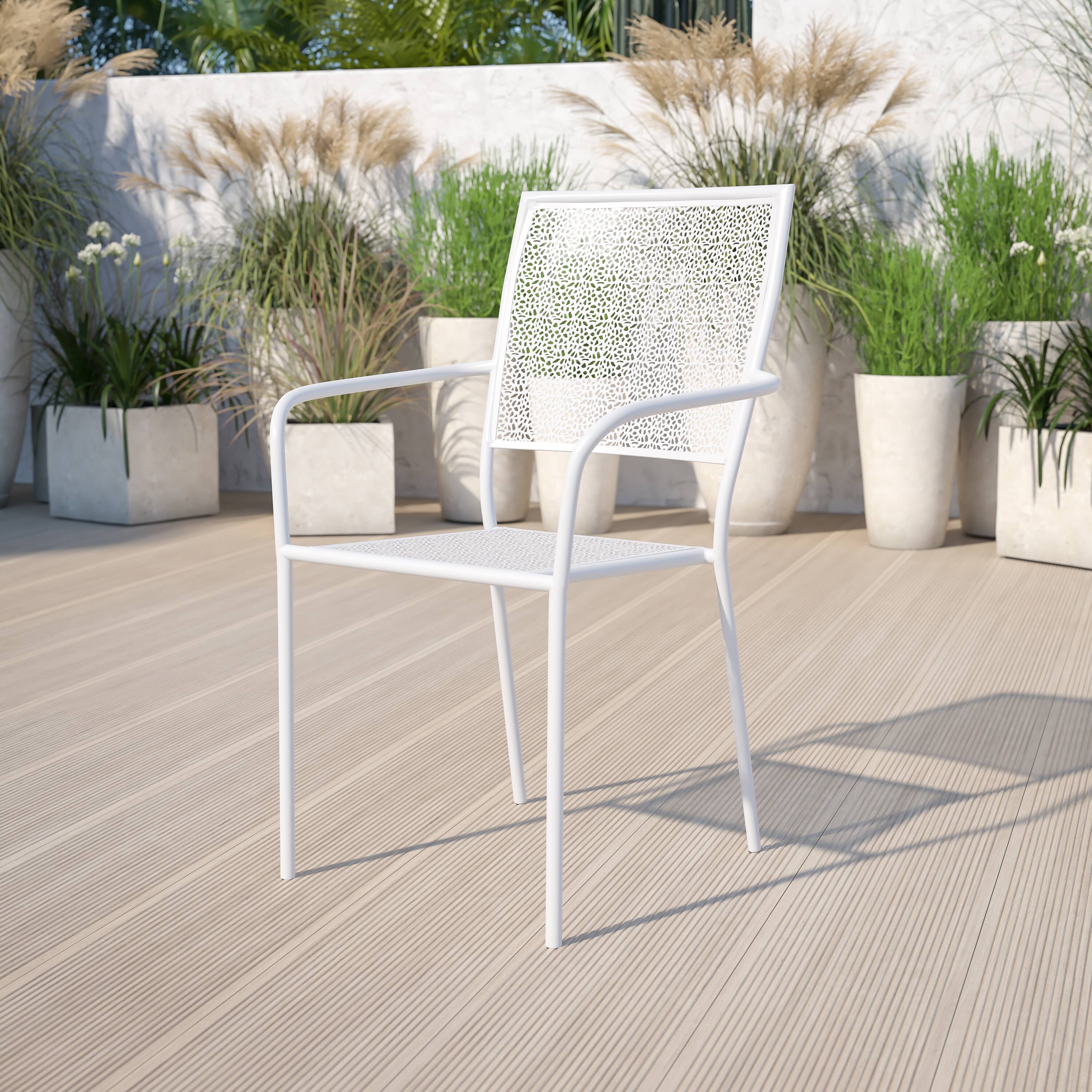 Alt View 1. Emma + Oliver - Commercial Grade Colorful Metal Patio Arm Chair with Square Back - White.