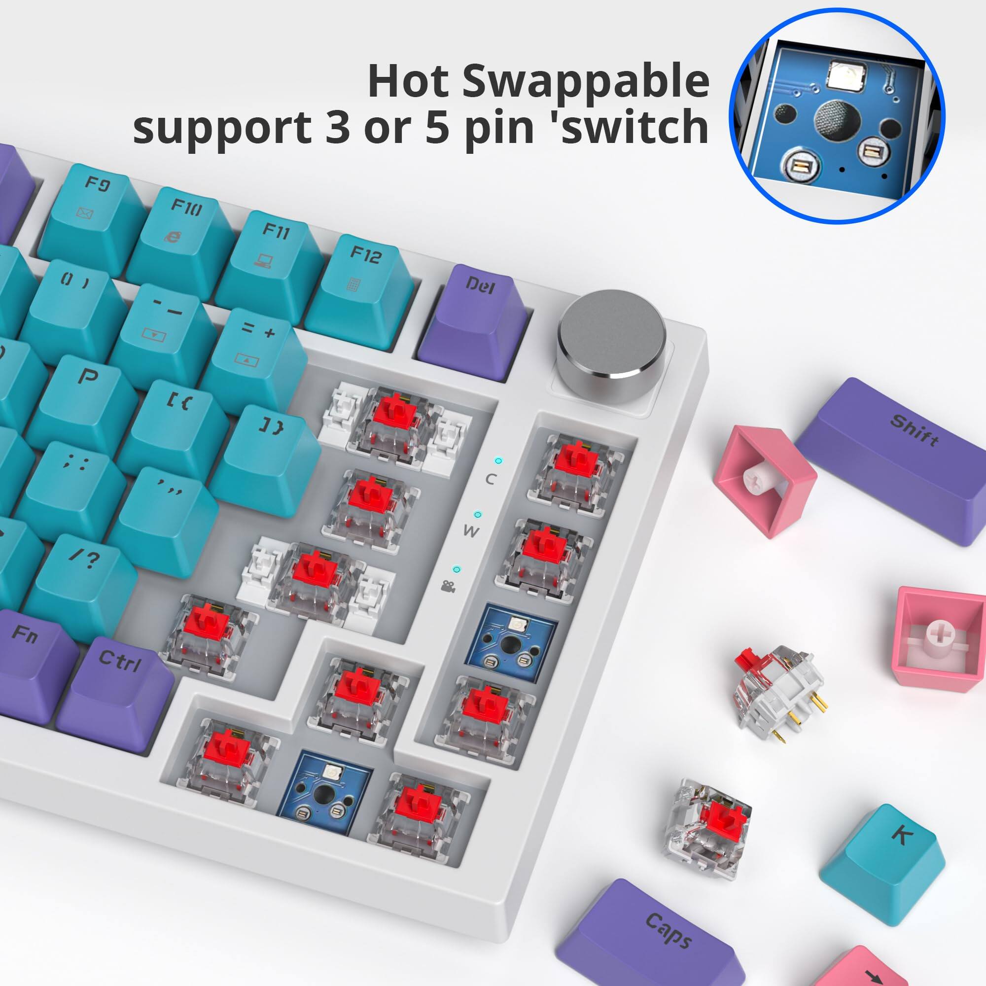 Hot Swappable support 3 or 5 pin 'switch

F9 F10 F11 F12

0 1 - = + P [ C ;: C Shift I? W Fn Ctrl K Caps