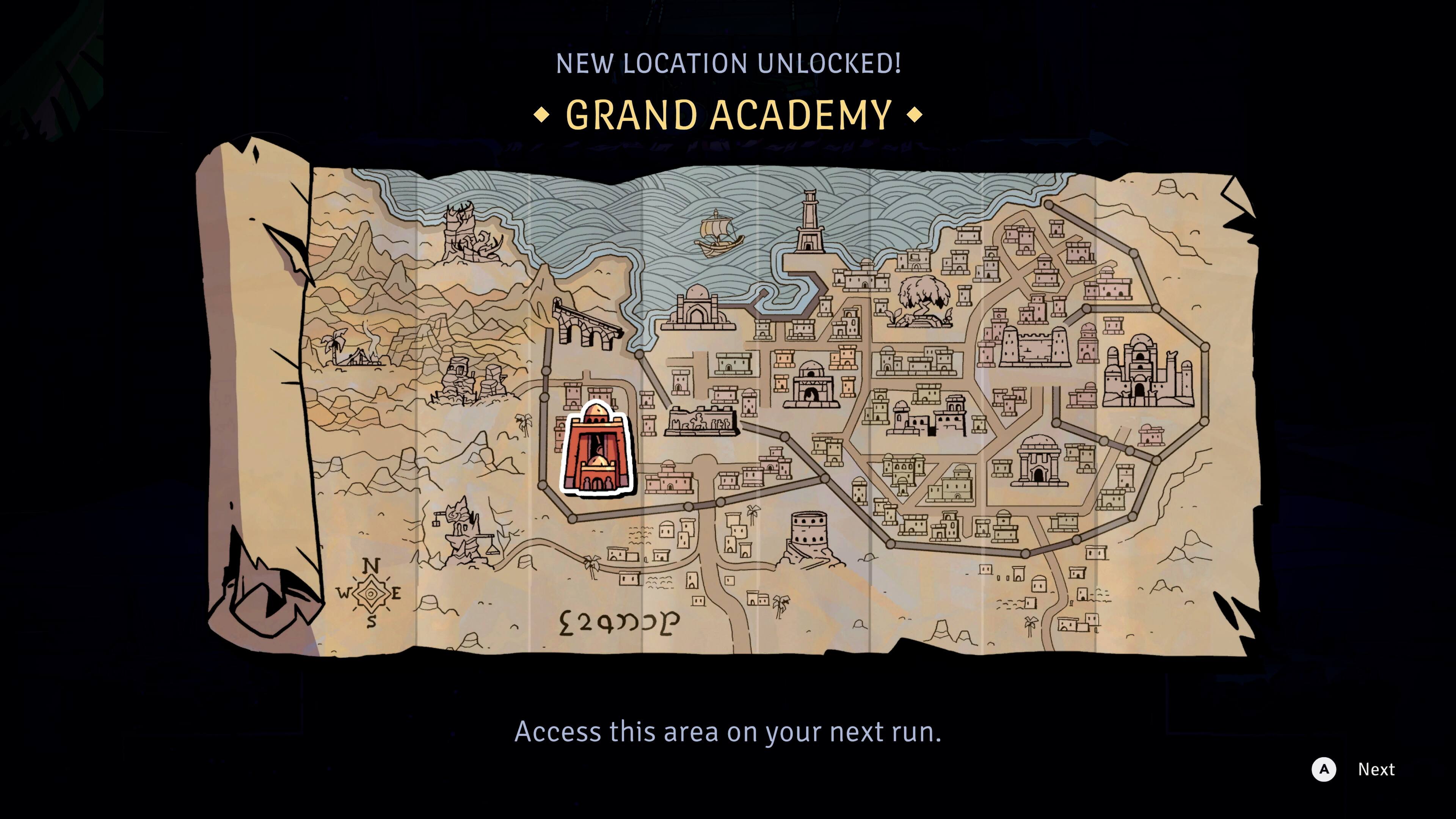 NEW LOCATION UNLOCKED!  
GRAND ACADEMY  

Access this area on your next run.  

Next