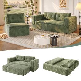 Anysun - 80" King Size Convertible Sleeper Sofa Bed – Plush Corduroy Deep Seat, Independent Chaise & Functional Blanket - Green