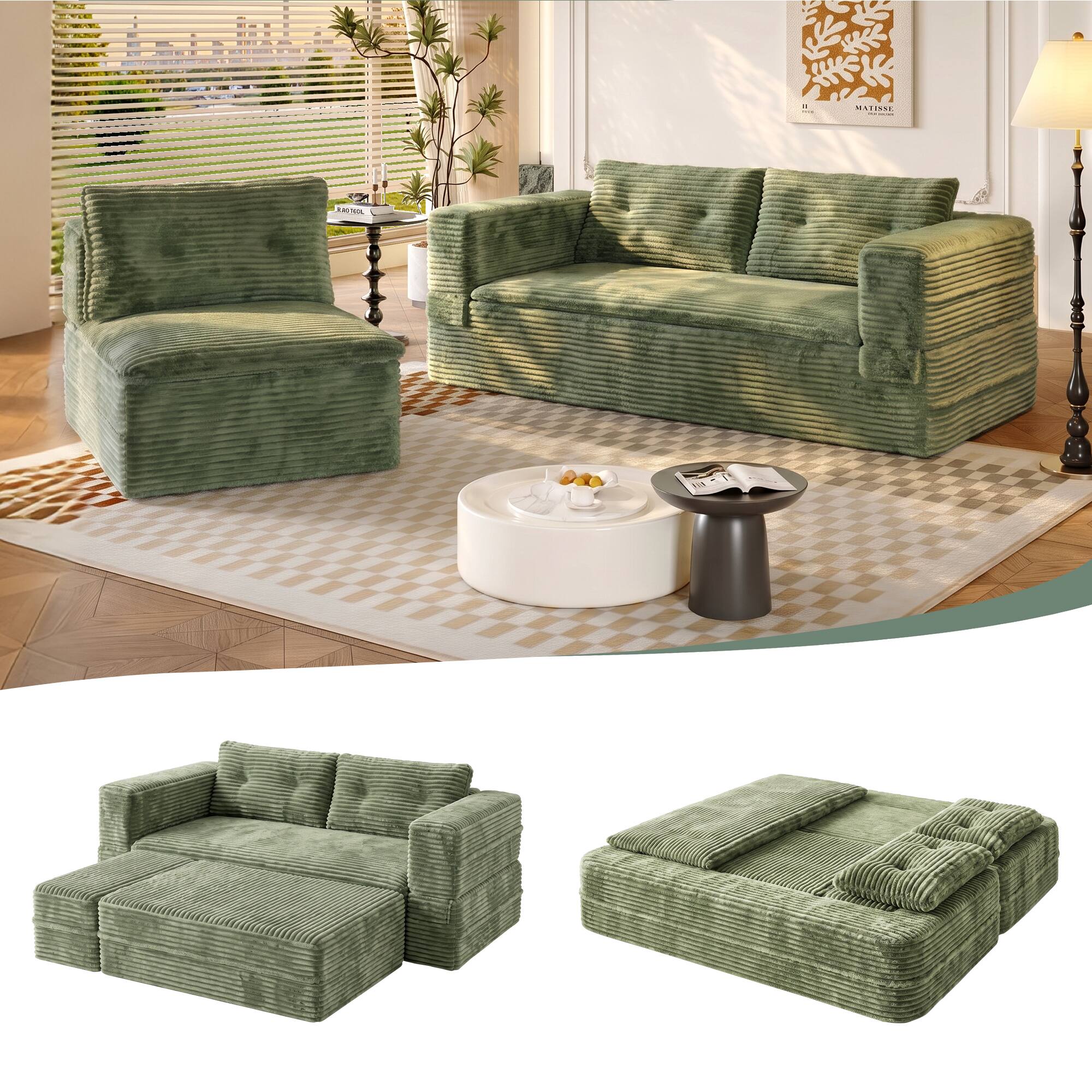 Front. Anysun - 80" King Size Convertible Sleeper Sofa Bed – Plush Corduroy Deep Seat, Independent Chaise & Functional Blanket - Green.