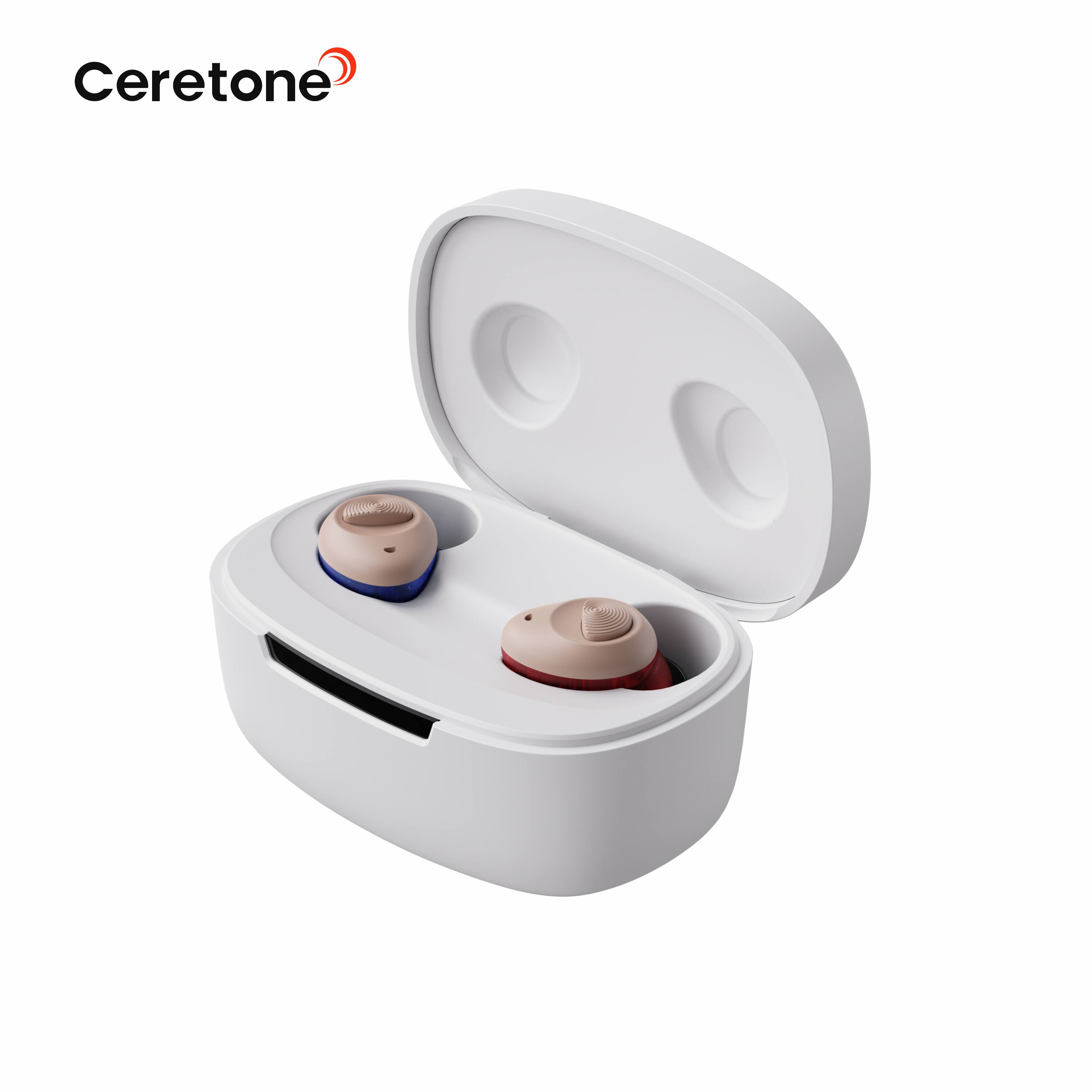 Angle. Ceretone - Torch OTC Hearing Aids - Rechargeable, Wind Noise Reduction, 5 Preset Programs, Light Weight Design - The left is blue.The right is red..