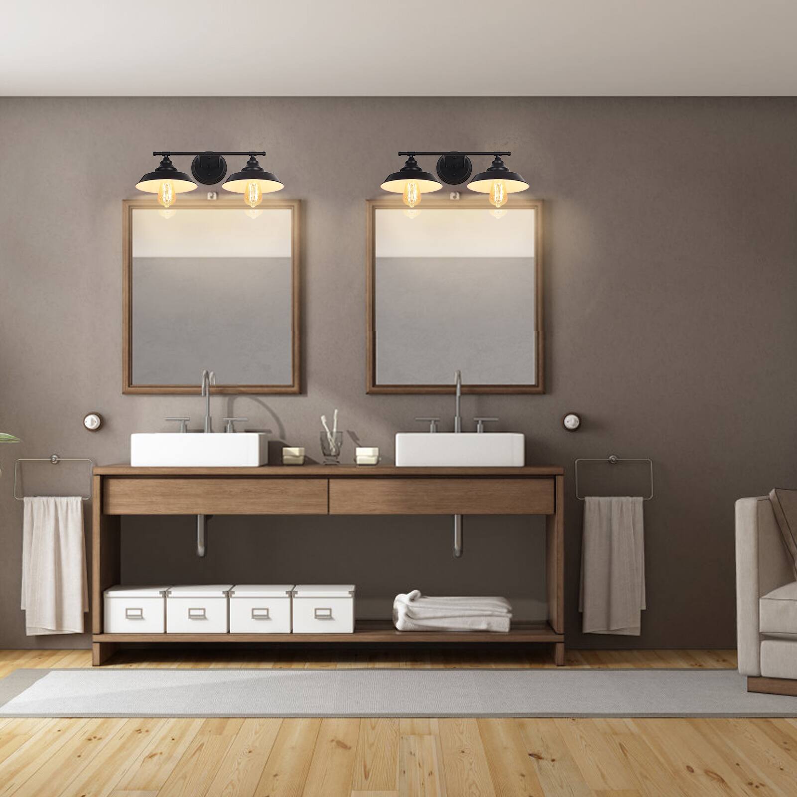 Alt View 2. Oumilen - 2 Light Matte Black Bathroom Vanity Light – Industrial Metal Shade Wall Mount Vanity Sconce.