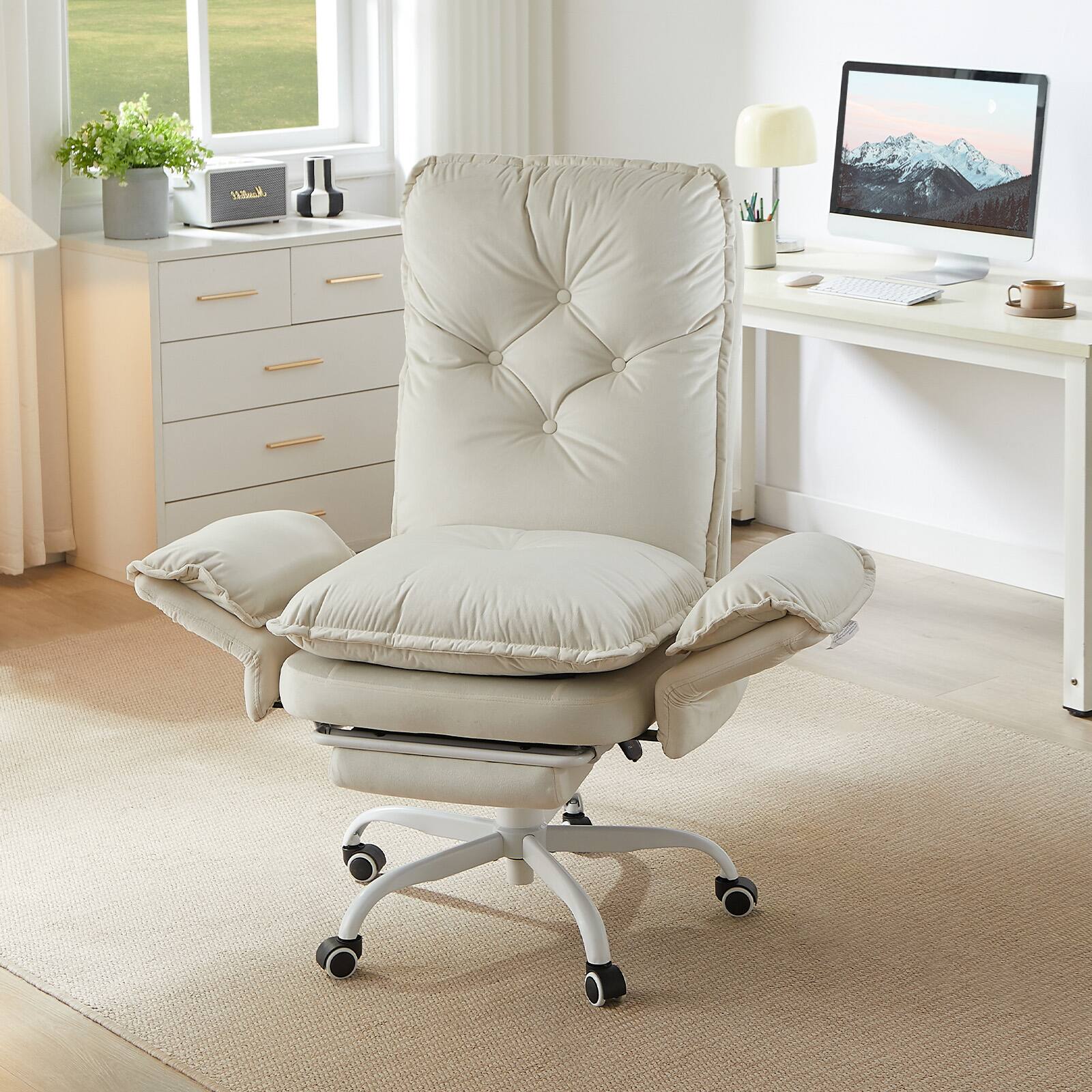 Alt View 4. Bestier - Cross Legged Executive Office Chair, Velvet Ergonomic Desk Chair with Flip-Up Arms, Retractable Footrest & Side Pockets - White Suede.