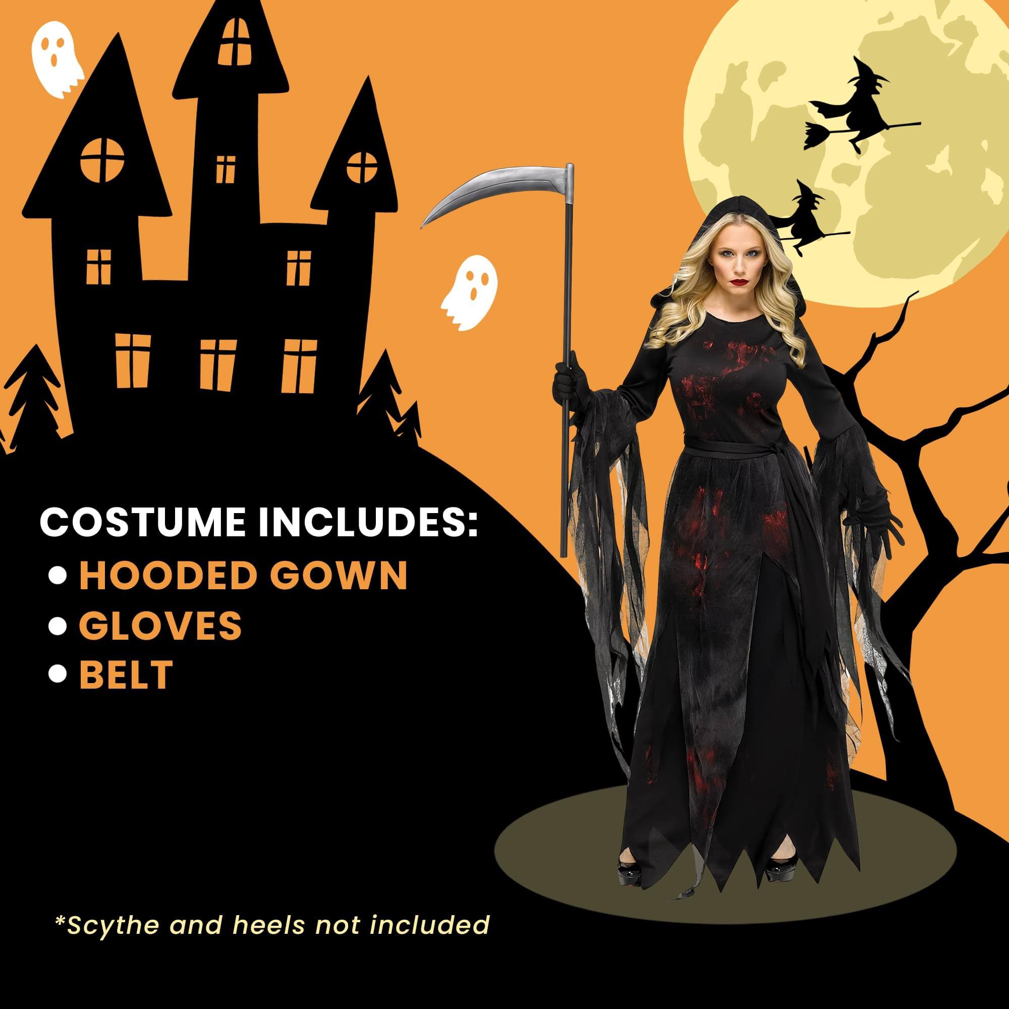 COSTUME INCLUDES:  
- HOODED GOWN  
- GLOVES  
- BELT  

*Scythe and heels not included
