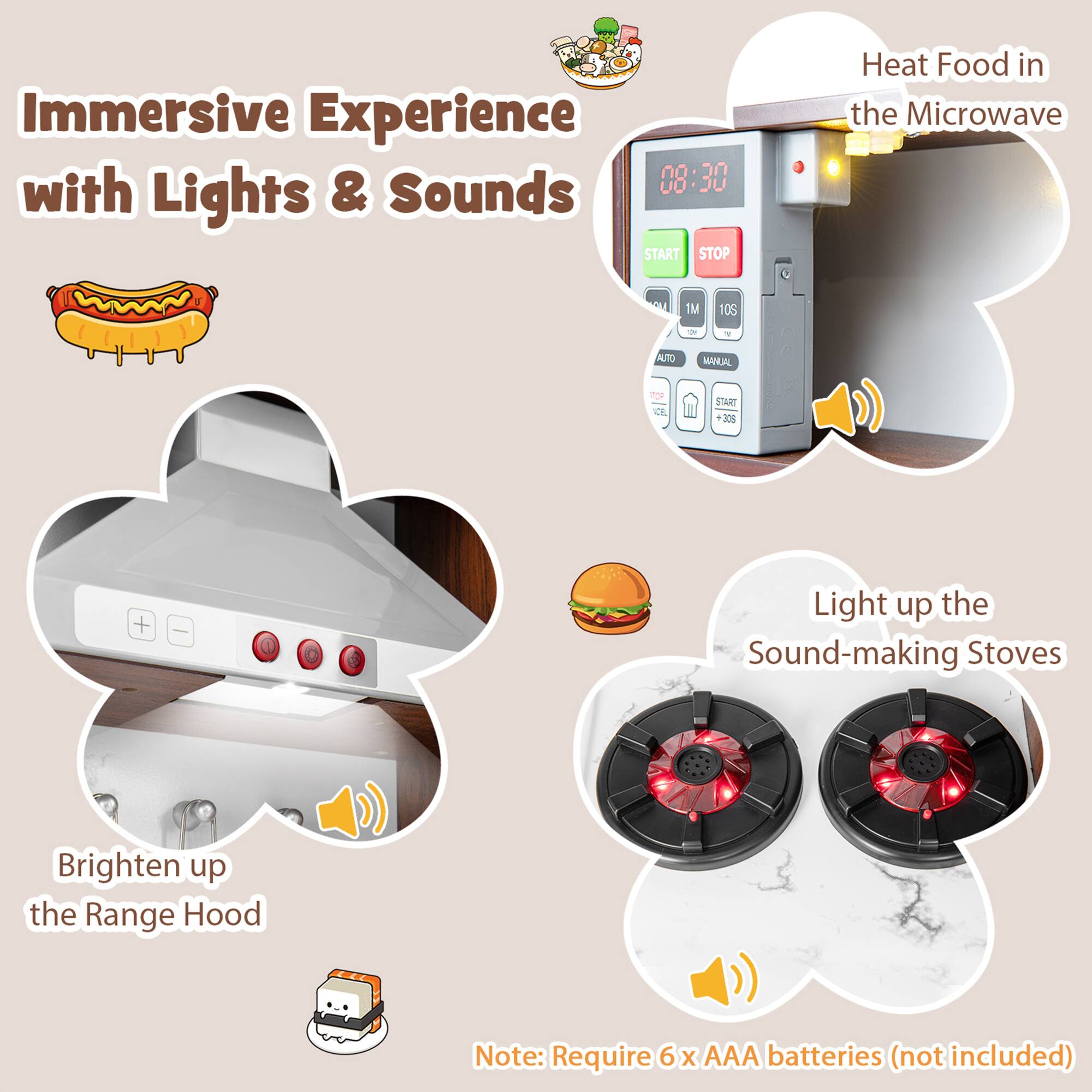 Immersive Experience with Lights & Sounds

- Heat Food in the Microwave
- Light up the Sound-making Stoves
- Brighten up the Range Hood

Note: Require 6 x AAA batteries (not included)