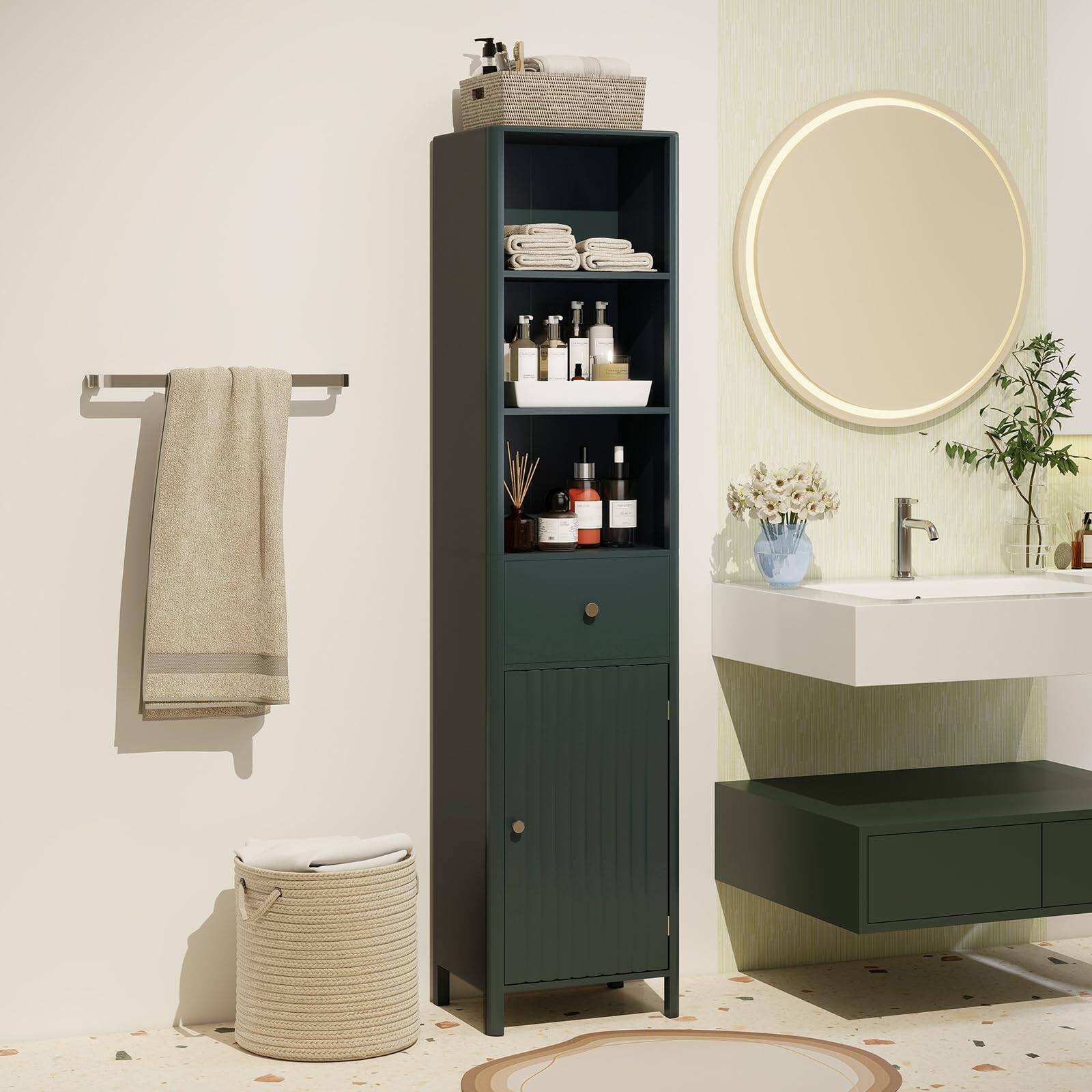Alt View 7. Ecooso - 67" Tall Narrow Bathroom Cabinet with Fluted Door, Slim Freestanding Floor Storage - Green.