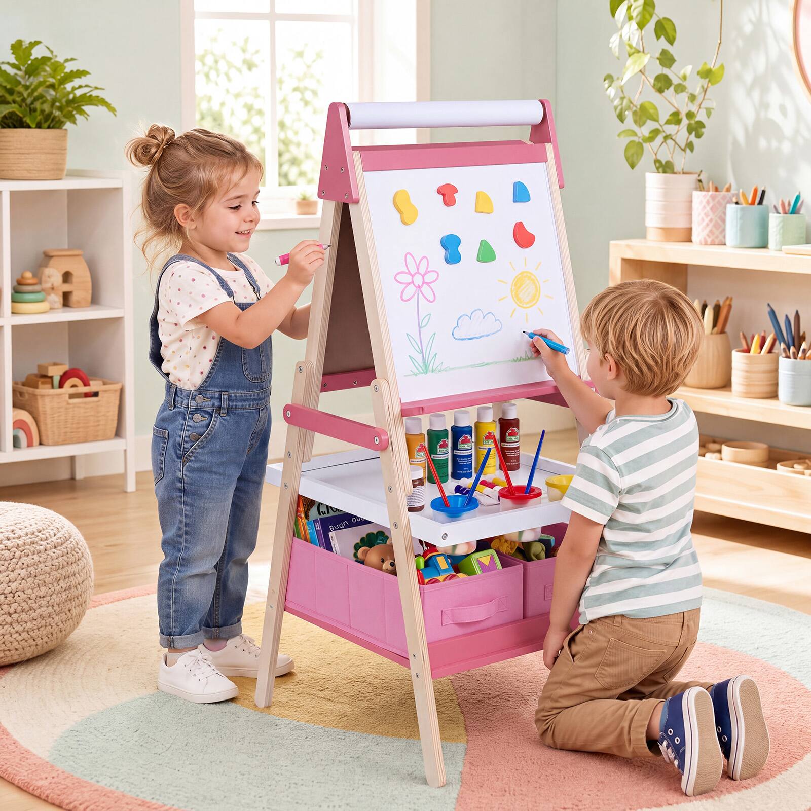 Alt View 1. Costway - Costway Easel for Kid, Double-sided Kids Easel with Magnetic Whiteboard & Chalkboard - Pink.