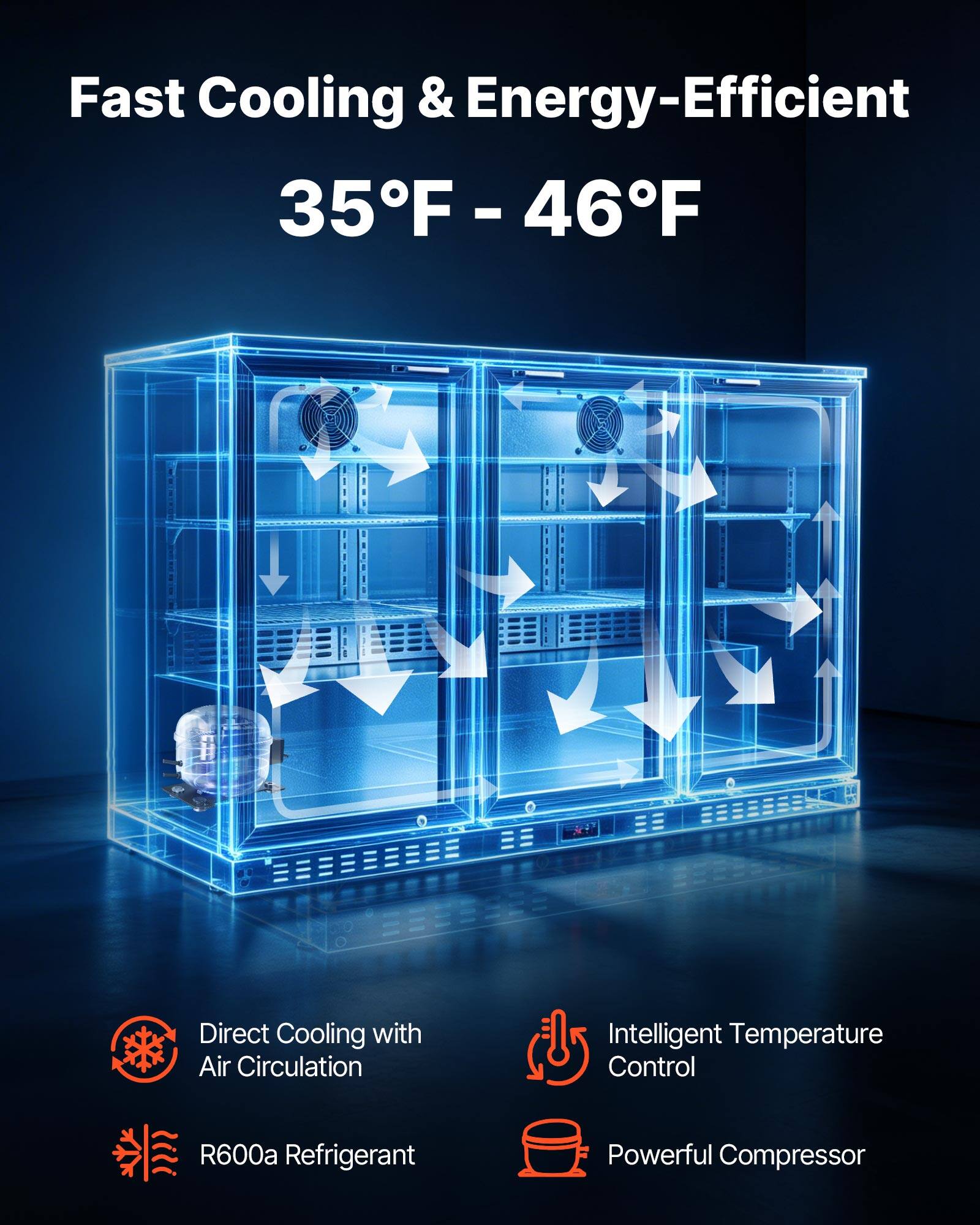 Fast Cooling & Energy-Efficient  
35°F - 46°F  

- Direct Cooling with Air Circulation  
- Intelligent Temperature Control  
- R600a Refrigerant  
- Powerful Compressor