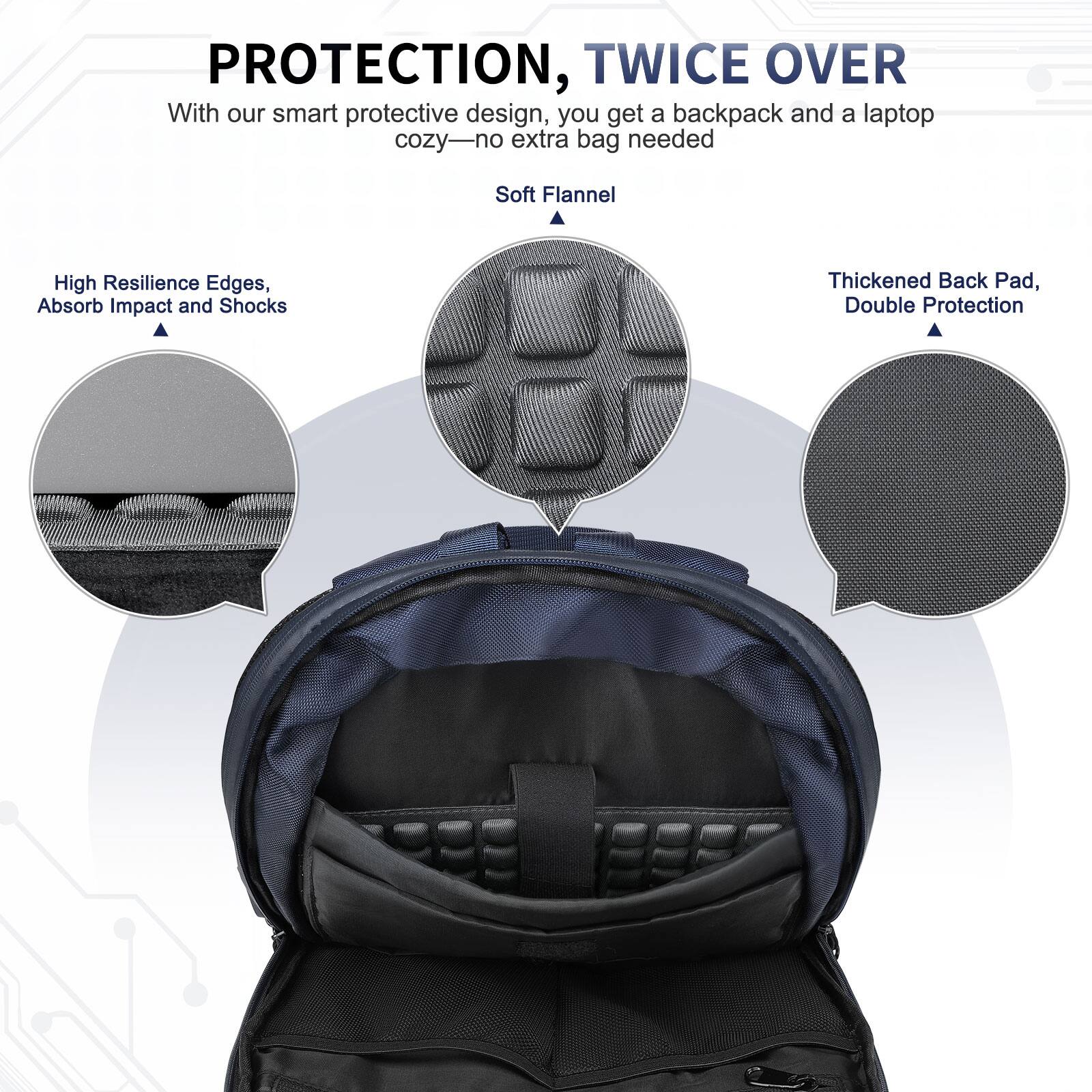 **PROTECTION, TWICE OVER**

With our smart protective design, you get a backpack and a laptop cozy—no extra bag needed

- **Soft Flannel**
- **High Resilience Edges, Absorb Impact and Shocks**
- **Thickened Back Pad, Double Protection**