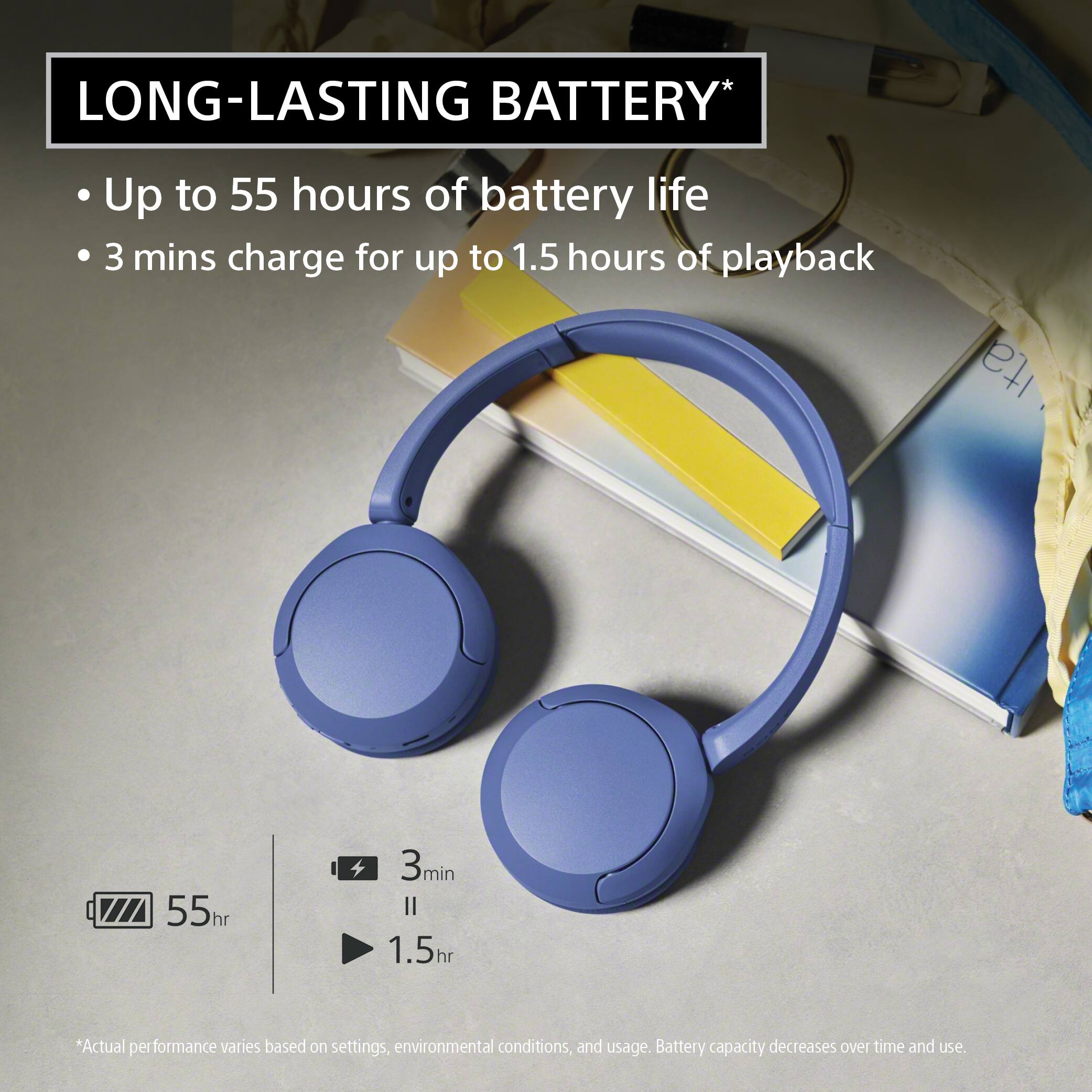 LONG-LASTING BATTERY*
Up to 55 hours of battery life
3 mins charge for up to 1.5 hours of playback

55hr
3min II 1.5hr

*Actual performance varies based on settings, environmental conditions, and usage. Battery capacity decreases over time and use.