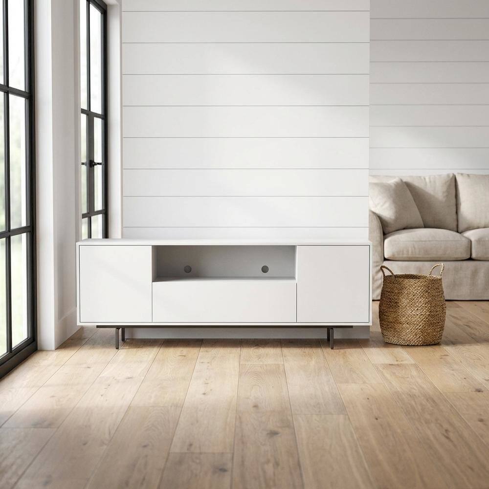 Angle. FurniFact - White Laminate TV Console with 3 Doors in Modern Industrial Style - White.
