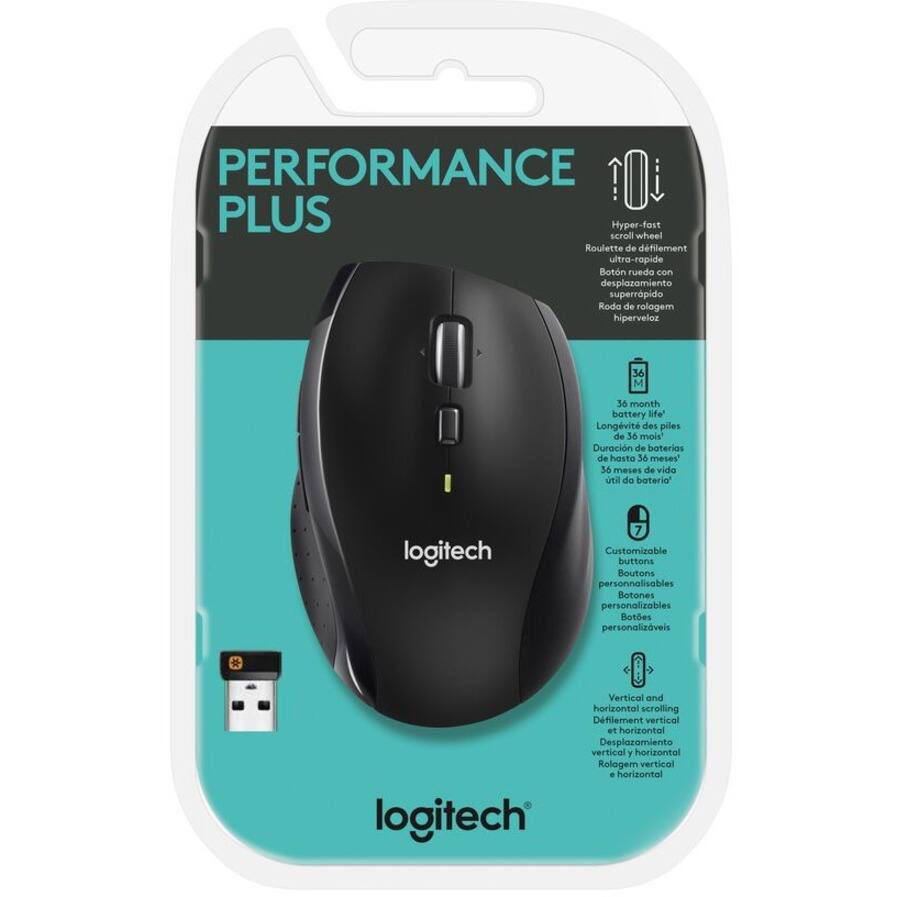 **PERFORMANCE PLUS**

- Hyper-fast scroll wheel
  - Roulette de défilement ultra-rapide
  - Botón ruedo con desplazamiento superrápido
  - Roda de rolagem hiperveloz

- 36 month battery life
  - Longévité des piles de 36 mois
  - Duración de baterías de hasta 36 meses
  - 36 meses de vida útil da bateria

- Customizable buttons
  - Boutons personnalisables
  - Botones personalizables
  - Botões personalizáveis

- Vertical and horizontal scrolling
  - Défilement vertical et horizontal
  - Desplazamiento vertical y horizontal
  - Rolagem vertical e horizontal

**logitech**
