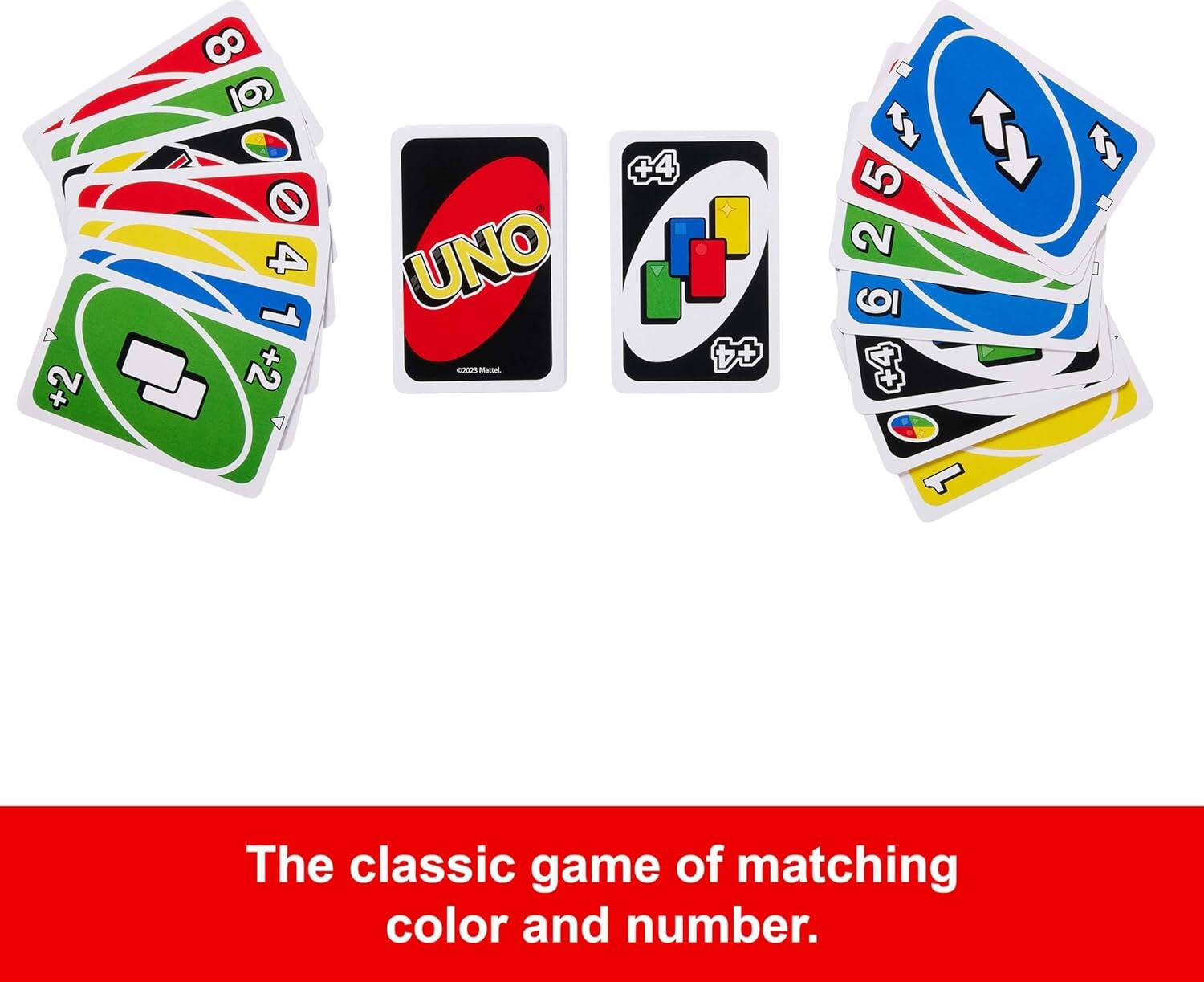 +2 8 g 4 1 + +2 +4 UNO 02023 Mamel. + 1 BY 1 5 2 g +4 + 1

The classic game of matching color and number.