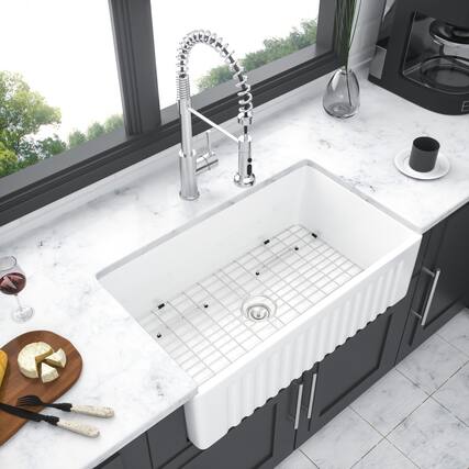 Front. JUJABU - 30 x 18 x 10 in. White Ceramic Farmhouse Kitchen Sink Reversible Single Bowl - White.
